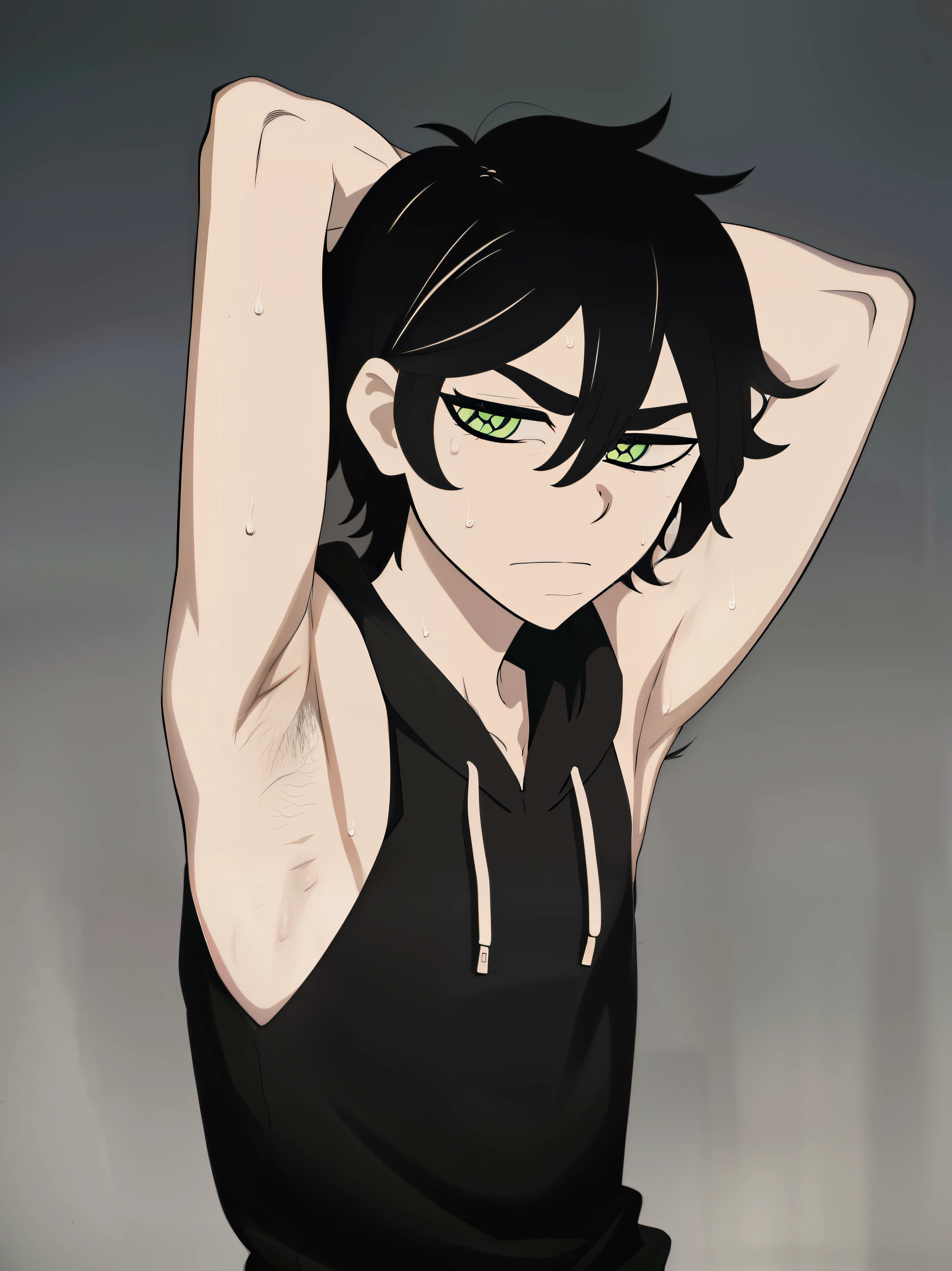 highres, monochrome,tcoaal, solo, looking at viewer, short hair, shirt, 1boy, Andy graves, hair between eyes, closed mouth,black hair, green eyes, Body, Sleeveless hoodie, (Showimg armpit:1.3), male focus, Sweat, Simple background, messy hair, bright pupils, outline, white pupils, white outline,
