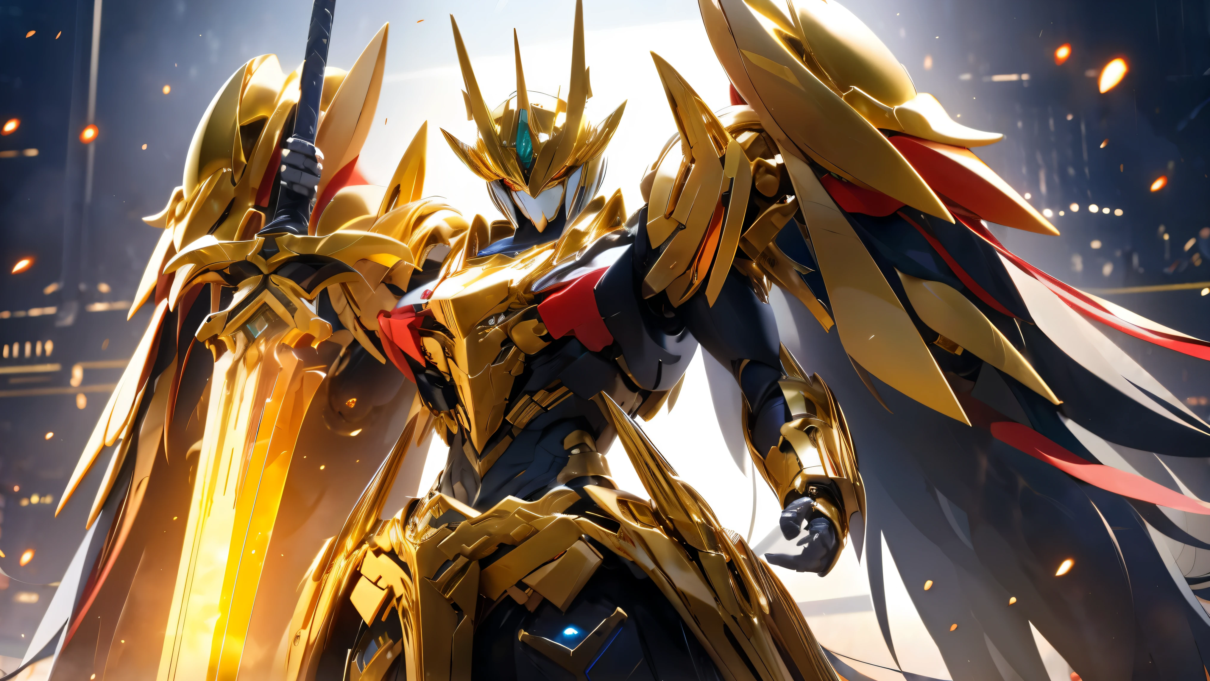 super wide shot, Full body frontal photo,Mecha male warrior， Jade Emperor style,《The mech colors are gold and silver-white》，（《Holding the Xuanyuan sword》，The sword is full of futuristic technology，），（Full body mecha）, Keqing from Genshin Impact, (Masterpiece) ， The best quality， High quality，Gold armor，电影灯光， （Exquisite future）， Beautiful and beautiful， Ultra detailed， great composition， Floating， Depth of field， （Very detailed CG，Unity 8k壁纸）， （Beautiful detail background）， dramatic lights， GOGETTA， Mecha，best qualtiy，超高分辨率，