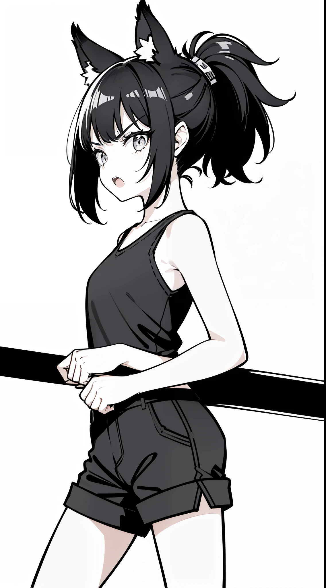 (1girl,),solo,angry,black hair,ponytail hair,short hair,fox ears,black shirt,sleeveless,black shorts,cowboy shot,(white background,line drawing),walking,perfil,open mouth