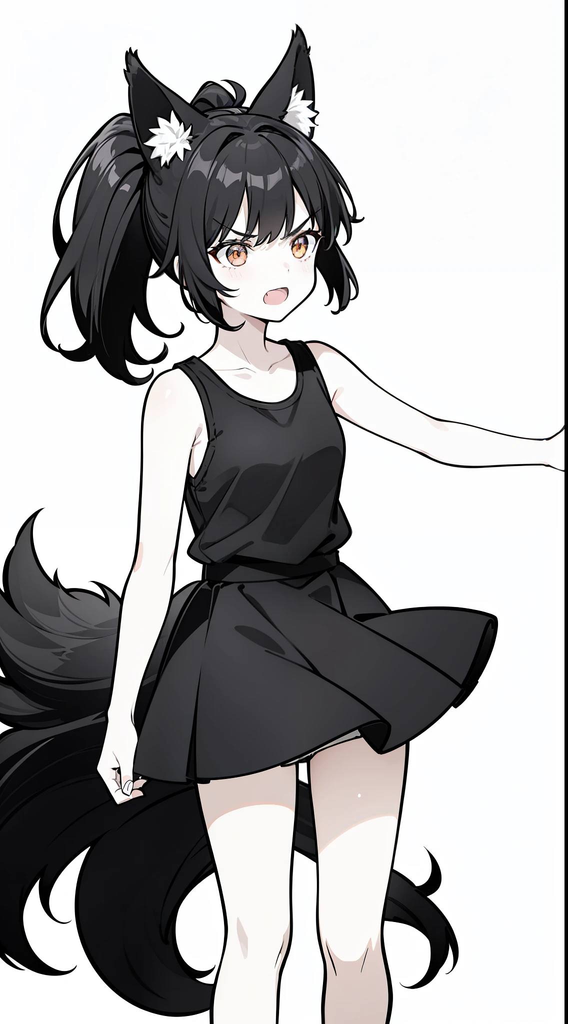 (1girl,15 years old),solo,angry,black hair,ponytail hair,short hair,fox ears,black shirt,sleeveless,black shorts,cowboy shot,(white background,line drawing),walking,perfil,open mouth