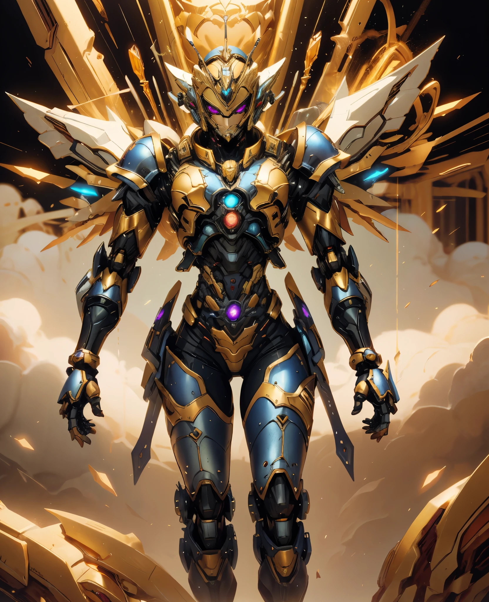 A woman adorned in fantasy-style full-body armor, a crown-concept fully enclosed helmet that unveils only her eyes, a composite layered chest plate, fully encompassing shoulder and hand guards, a lightweight waist armor, form-fitting shin guards, the overall design is heavy-duty yet flexible, (the armor gleams with a golden glow, complemented by red and blue accents), exhibiting a noble aura, she floats above a fantasy-surreal high-tech city, this character embodies a finely crafted fantasy-surreal style armored hero in anime style, exquisite and mature manga art style, (Queen Bee Concept Armor, blood), ((plasma, bio mecha, long legs, elegant, goddess, femminine:1.5)), metallic, high definition, best quality, highres, ultra-detailed, ultra-fine painting, extremely delicate, professional, anatomically correct, symmetrical face, extremely detailed eyes and face, high quality eyes, creativity, RAW photo, UHD, 32k, Natural light, cinematic lighting, masterpiece-anatomy-perfect, masterpiece:1.5