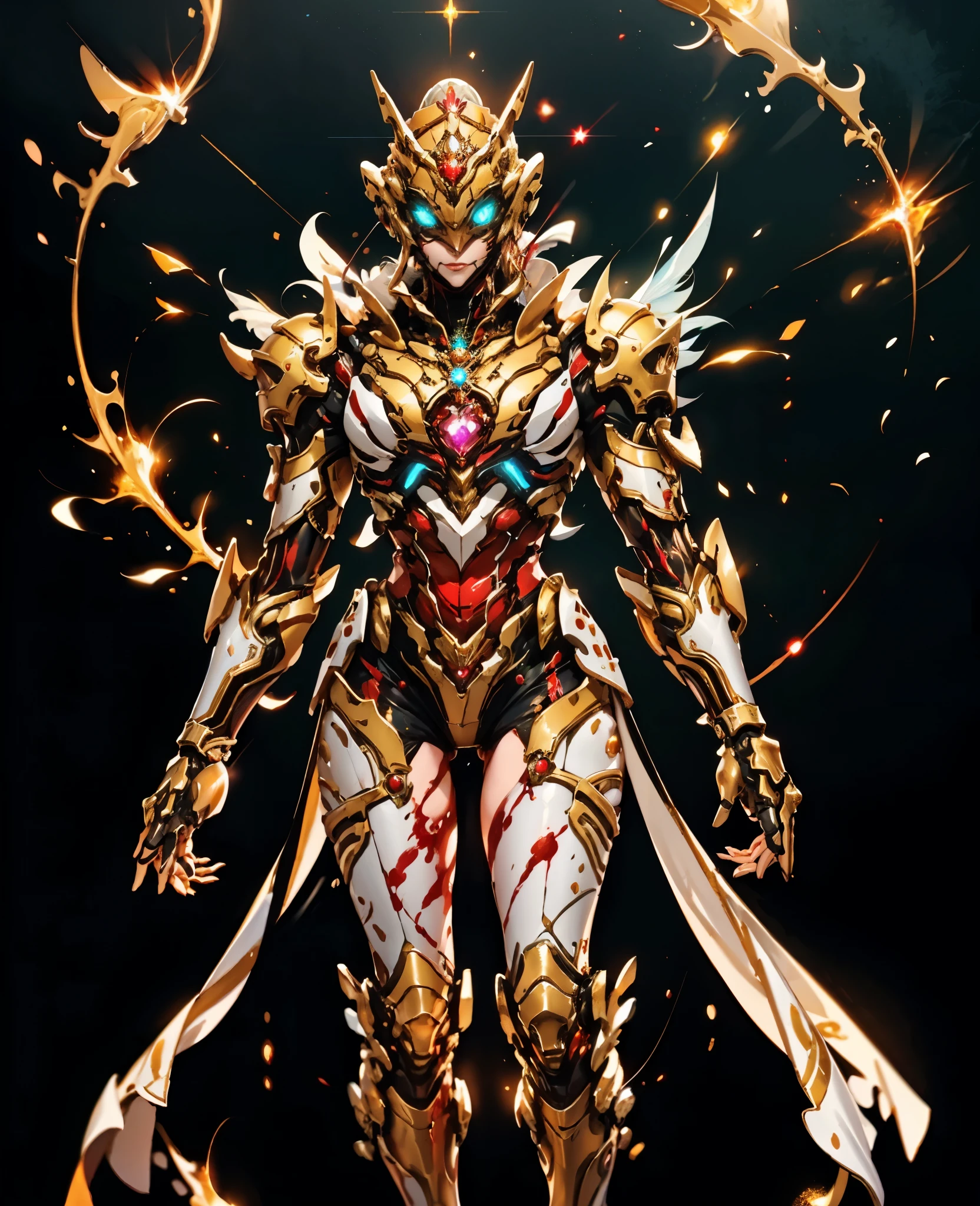 A woman adorned in fantasy-style full-body armor, a crown-concept fully enclosed helmet that unveils only her eyes, a composite layered chest plate, fully encompassing shoulder and hand guards, a lightweight waist armor, form-fitting shin guards, the overall design is heavy-duty yet flexible, (the armor gleams with a golden glow, complemented by red and blue accents), exhibiting a noble aura, she floats above a fantasy-surreal high-tech city, this character embodies a finely crafted fantasy-surreal style armored hero in anime style, exquisite and mature manga art style, (Queen Bee Concept Armor, blood), ((plasma, bio mecha, long legs, elegant, goddess, femminine:1.5)), metallic, high definition, best quality, highres, ultra-detailed, ultra-fine painting, extremely delicate, professional, anatomically correct, symmetrical face, extremely detailed eyes and face, high quality eyes, creativity, RAW photo, UHD, 32k, Natural light, cinematic lighting, masterpiece-anatomy-perfect, masterpiece:1.5