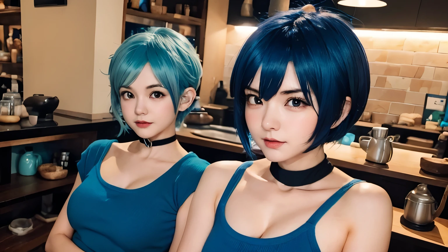 best quality, (2heads:1.5), 2 girls with two heads , red hair and blue hair, (different hair colors:1.4), bobcut, ponytail,(different haircuts:1.3) ,smiling, big t-shirt, (closeup), looking at viewer