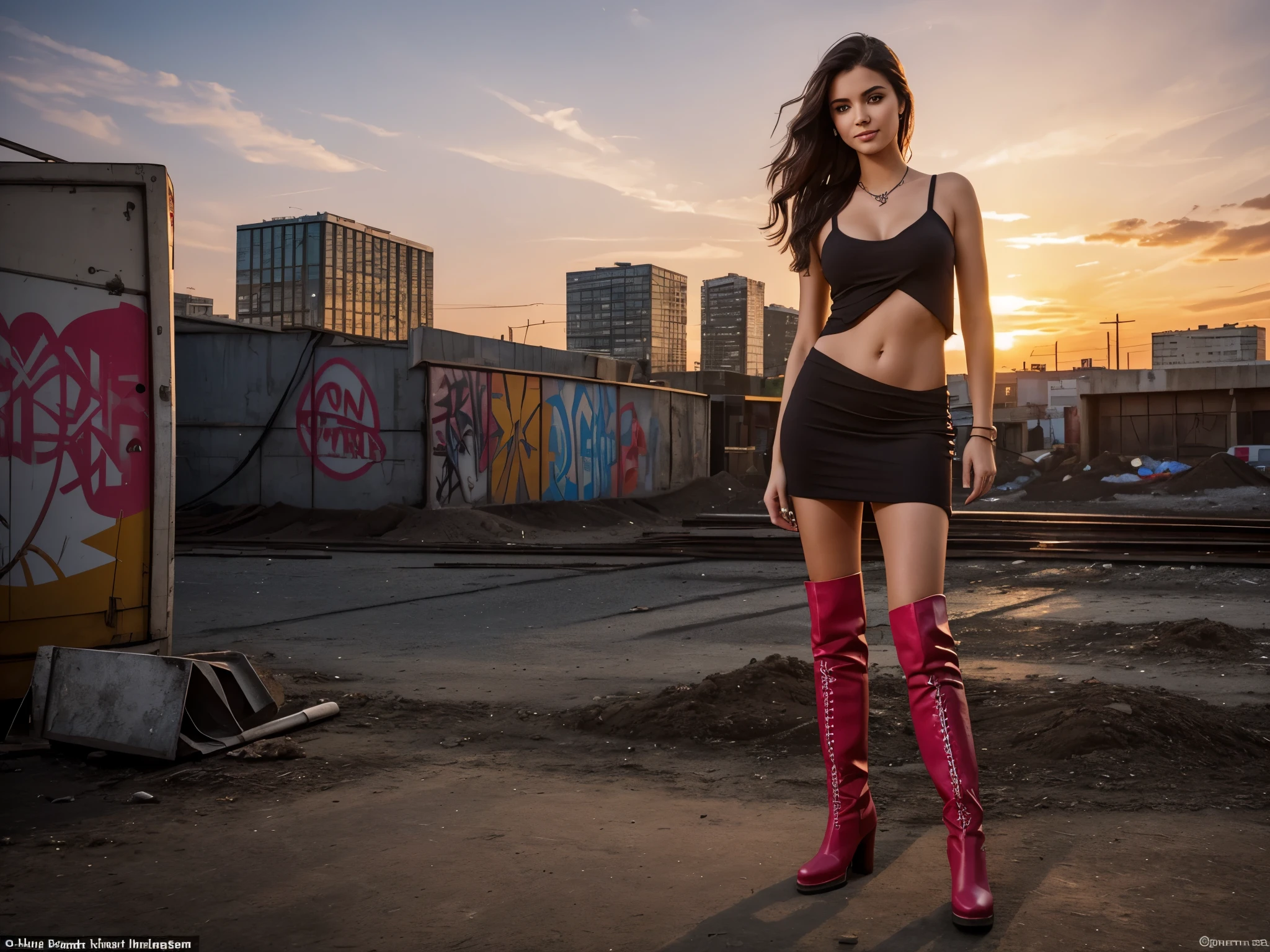 "Develop a high-definition, realistic image with the best realistic quality possible. The scene includes a detailed background of civil construction at dusk, with prominent urban artwork. A young girl is the central focus, wearing a short, low-cut dress with a perfect and highly realistic face, emphasizing the best possible quality. She has a charming smile and a visible navel piercing.

The girl wears red boots that contrast with the surroundings. This is a top model-style portrait, where the setting includes elements such as neon pink and graffiti. The sun is setting in the background, creating a twilight atmosphere. The girl's eyes are bright and expressive, adding life to the scene.

The image captures the contrast between feminine beauty and the urban construction environment, resulting in a visually engaging and captivating composition."