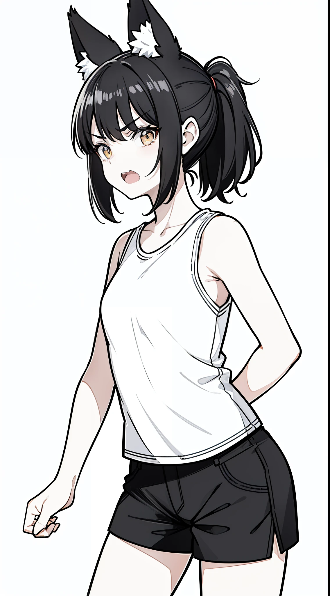 (1girl,15 years old),solo,angry,black hair,ponytail hair,short hair,fox ears,black shirt,sleeveless,black shorts,cowboy shot,(white background,line drawing),standing,perfil,open mouth