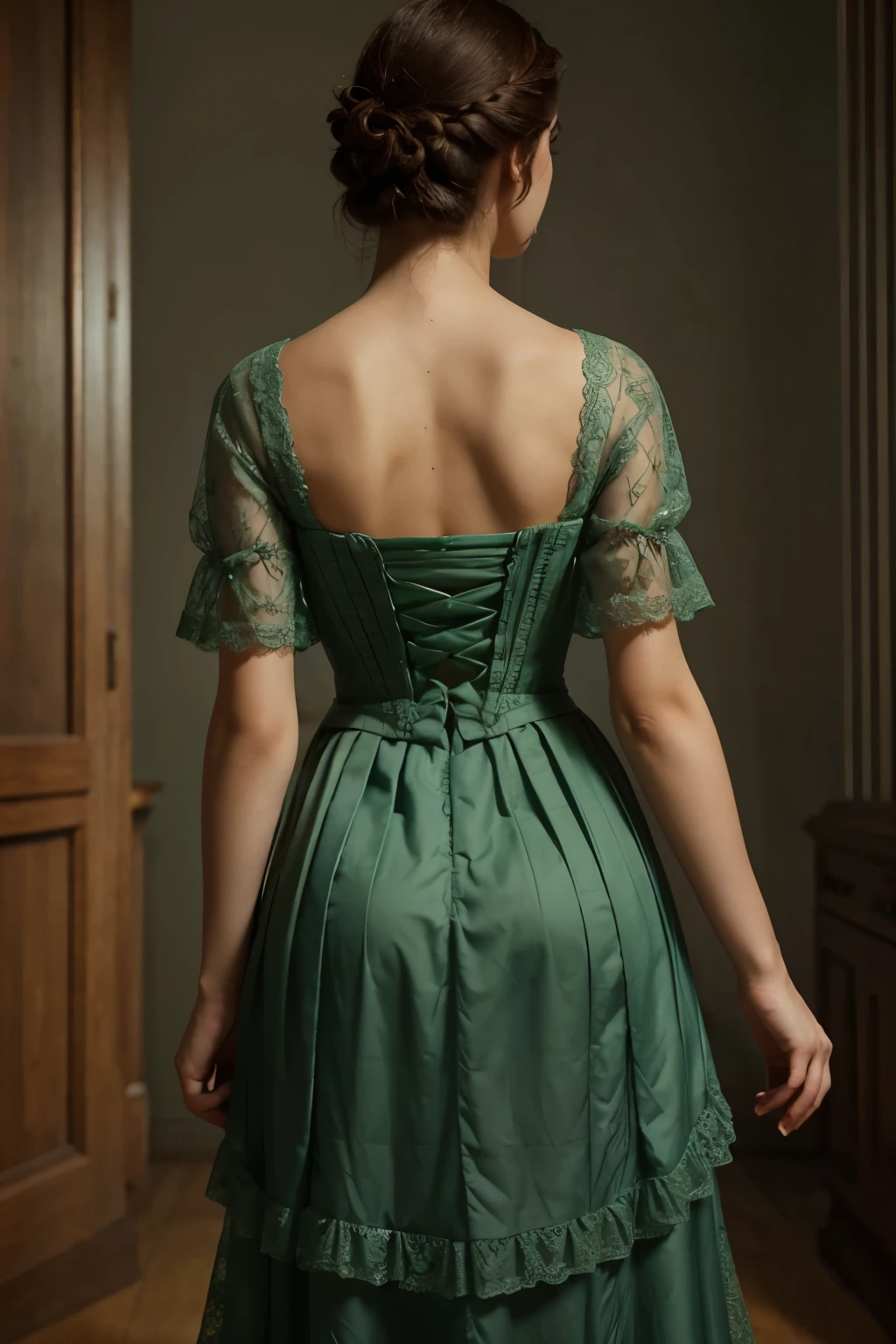 ((high quality work)), The lines are clear and concise., Green dresses and beautiful pleated lace complement each other, Enriches the layer of the big picture, Elegant Edwardian lace dresses and princess skirts、Adds a lot to the character, Gesture with the back of the hand behind , It also shows the gentle and elegant side of women..