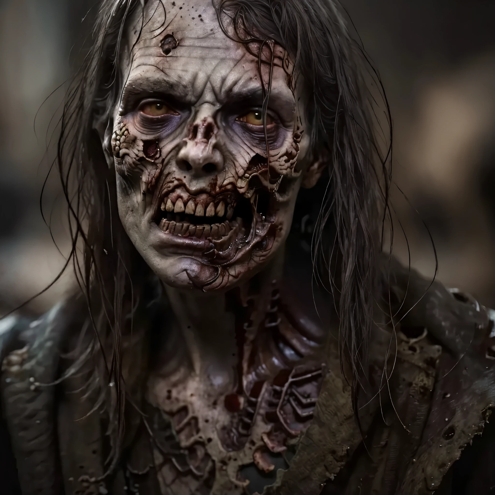 portrait of a zombie, decaying skin and clothing, dark and eerie, highly detailed, photorealistic, 8k, ultra realistic, horror style, art by greg rutkowski, charlie bowater, and magali villeneuve.