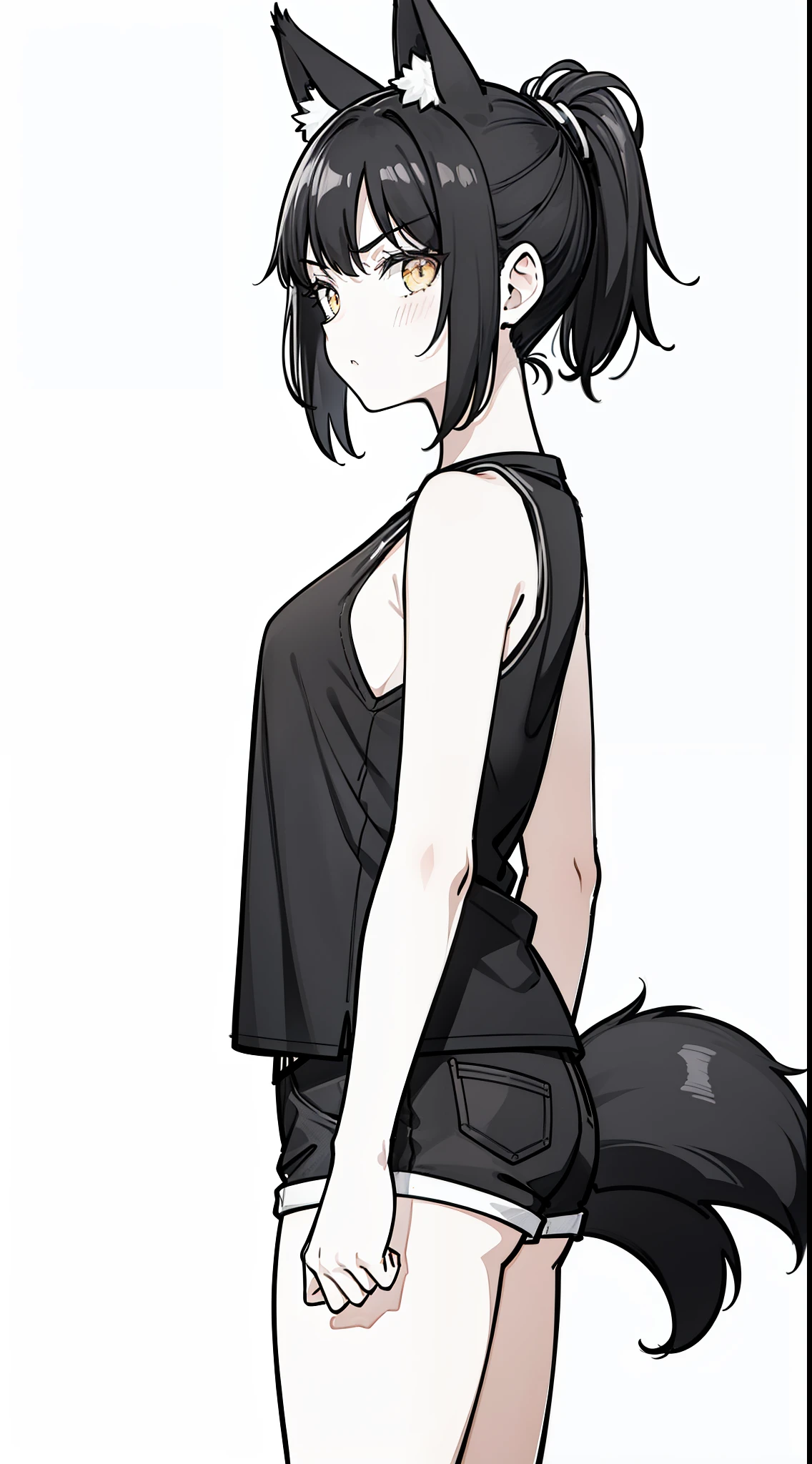 (1girl,),solo,angry,black hair,ponytail hair,short hair,fox ears,black shirt,sleeveless,black shorts,cowboy shot,(white background,line drawing),standing,from side,perfil