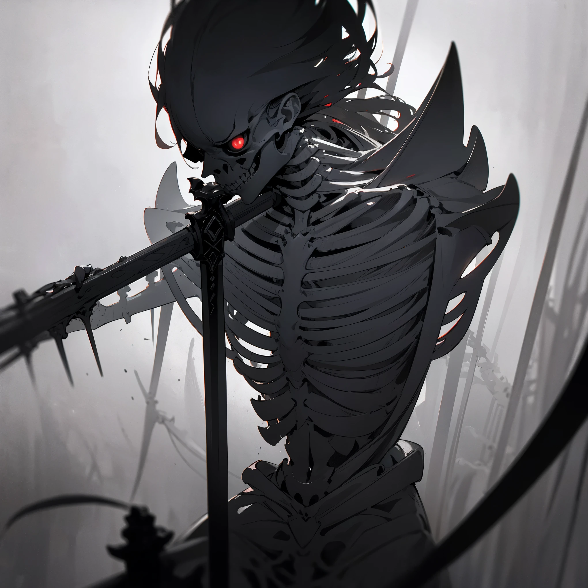 A painting of a skeleton holding a sickle and a scythe, Line drawings inspired by Ryuji Kawabata, Art Station, Empty heart, Scythe design, the Angel of Death, Angel of Death, Full body concept, Spooky and gloomy art style, Detailed but rough, Skeletal signs, detailed Full body concept, back view of the grim reaper