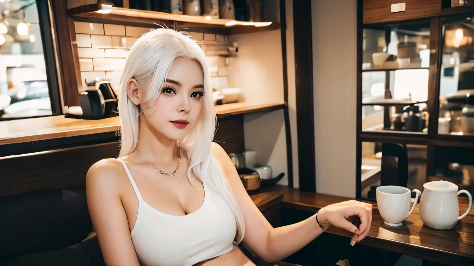 Woman, Sexy, White hair, In cofee shop, Coffeing, Lofi, Comfy