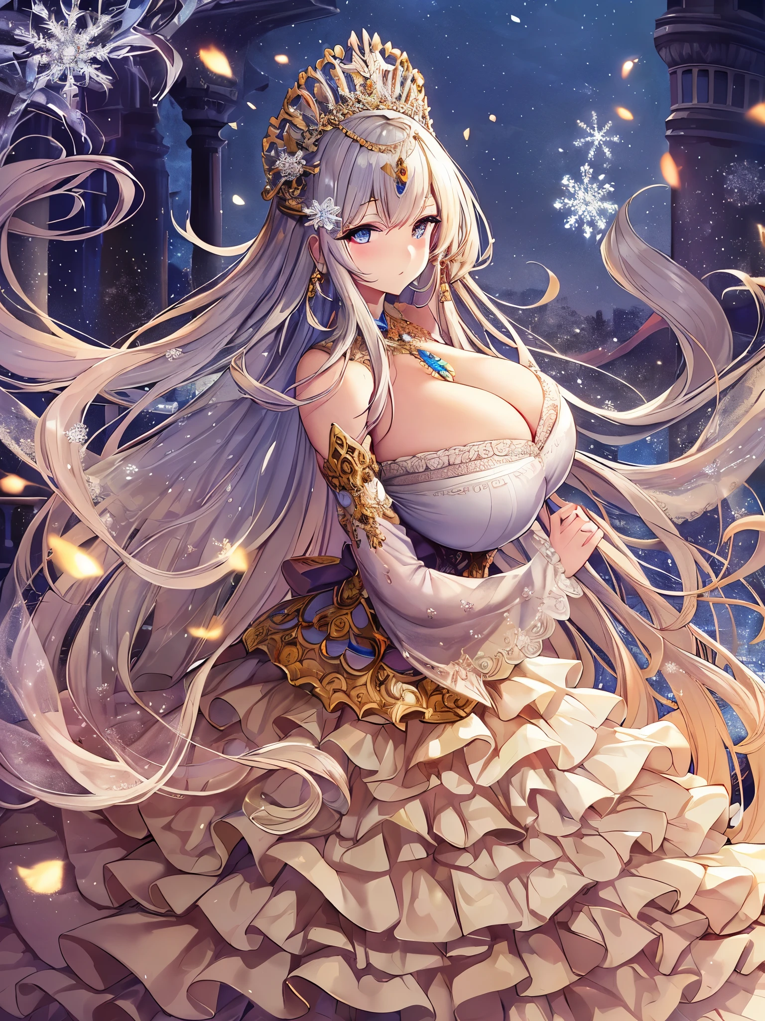 anime artstyle,Masterpiece,Best Quality,Super Detail,((Very Delicate and Beautiful)),((((1 plump princess in beautiful embroidery and jeweled gorgeous rococo ballgown with voluminous hoop skirt)))),crinoline skirt,((Solo)),((winter garden with snow,sonw,sky)),((outdoor)),(((full body))),(very gigantic tits,cleavage:1.8),((gigantic tits,cleavage,sagging tits)),skindentation,(detailed face and eyes),jewel-like eyes,((extremely voluminous straight Hair,Extremely Long Straight Hair)),((gorgeousfull embroidery and lace,beautiful embroidery and jeweled)),Gorgeous Gemstone Jewelry,gorgeous corsage,((gorgeous hair ornament,glitter jeweled gorgeous big tiara)),((full body)),((beautiful embroidery and jeweled gorgeous rococo ballgown with voluminous hoop skirt)),(crinoline),((winter garden with snow,sonw,snowflake,outdoor,sky)),Looking at viewer,dynamic angle,(((beautiful embroidery and jeweled gorgeous rococo ballgown with voluminous hoop skirt))),(rococo ballgown),((full body)),