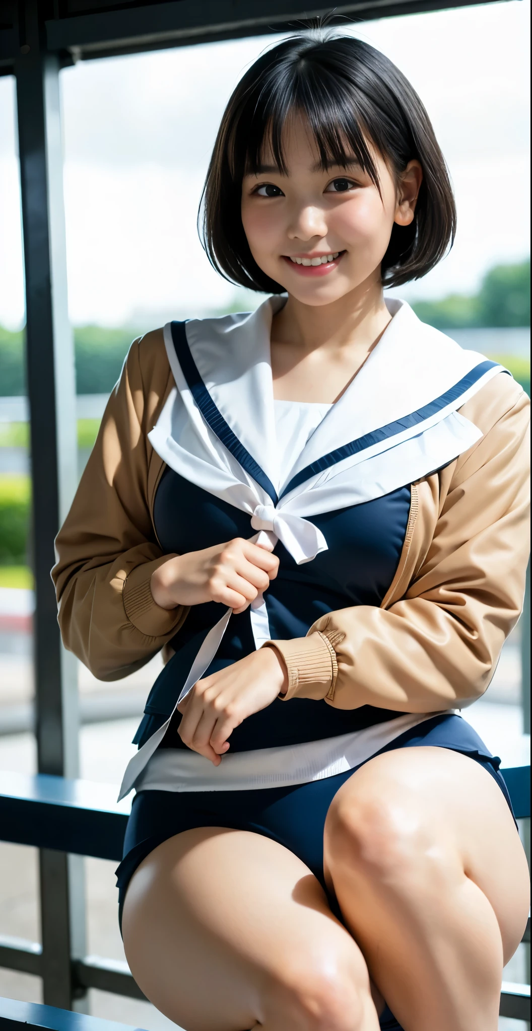 （8K、Raw photography、highest quality、masterpiece：1.2),(black haired、very short hair:1.9),show viewer,Looking at the front,erotic,white skin,(She wears a school uniform over a navy blue school swimsuit..、The jacket is a school uniform、I don't wear a skirt:1.8)、(Clothing that emphasizes the shape of your chest:1.6)、(big breasts:1.4)、slim body shape、ultra high resolution,beautiful,beautiful fece,(alone, alone、no background:1.9),whole bodyボディー,japanese woman,（Photoreal：1.37）、photon mapping,reality、(Cute with a : 1.2)、(cute smile: 1.7)、(With a round face: 1.8)、radio city、Physically based rendering、depth of field rally background、photograph, (I can see your knees,close up of thighs、Too short pants、camel toe:1.4),whole body、super fine