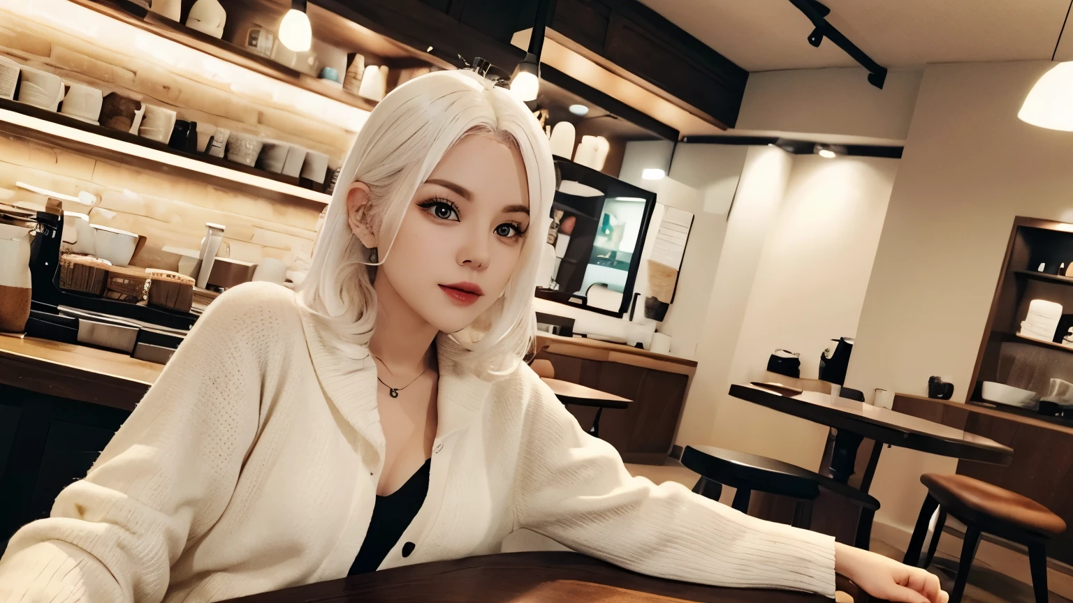 Woman, Sexy, White hair, In cofee shop, Coffeing, Lofi, Comfy