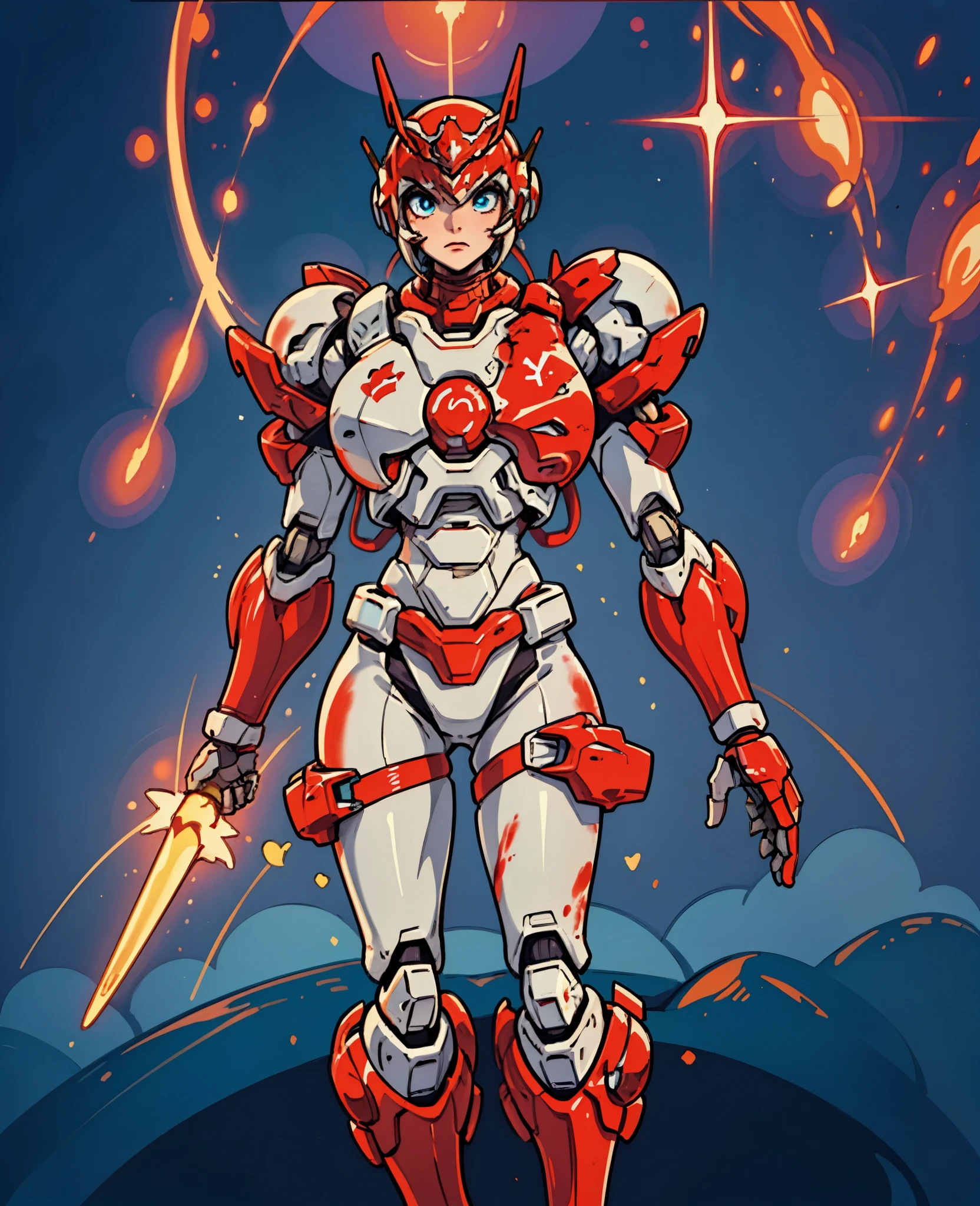 A woman adorned in fantasy-style full-body armor, a crown-concept fully enclosed helmet that unveils only her eyes, a composite layered chest plate, fully encompassing shoulder and hand guards, a lightweight waist armor, form-fitting shin guards, the overall design is heavy-duty yet flexible, (the armor gleams with a golden glow, complemented by red and blue accents), exhibiting a noble aura, she floats above a fantasy-surreal high-tech city, this character embodies a finely crafted fantasy-surreal style armored hero in anime style, exquisite and mature manga art style, (Queen Bee Concept Armor, blood), ((plasma, bio mecha, long legs, elegant, goddess, femminine:1.5)), metallic, high definition, best quality, highres, ultra-detailed, ultra-fine painting, extremely delicate, professional, anatomically correct, symmetrical face, extremely detailed eyes and face, high quality eyes, creativity, RAW photo, UHD, 32k, Natural light, cinematic lighting, masterpiece-anatomy-perfect, masterpiece:1.5