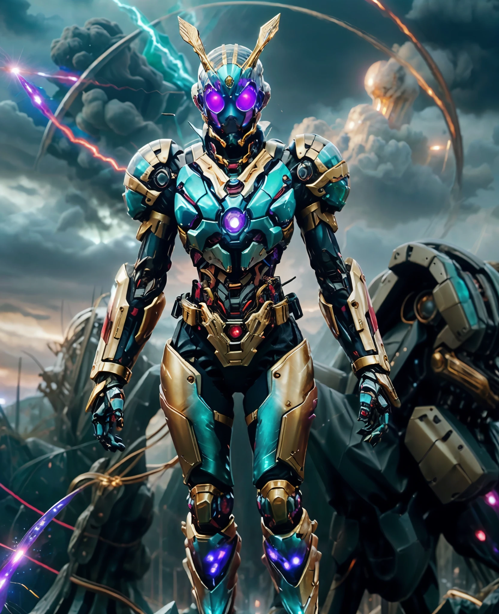 A woman adorned in fantasy-style full-body armor, a crown-concept fully enclosed helmet that unveils only her eyes, a composite layered chest plate, fully encompassing shoulder and hand guards, a lightweight waist armor, form-fitting shin guards, the overall design is heavy-duty yet flexible, (the armor gleams with a golden glow, complemented by red and blue accents), exhibiting a noble aura, she floats above a fantasy-surreal high-tech city, this character embodies a finely crafted fantasy-surreal style armored hero in anime style, exquisite and mature manga art style, (Queen Bee Concept Armor, blood), ((plasma, bio mecha, long legs, elegant, goddess, femminine:1.5)), metallic, high definition, best quality, highres, ultra-detailed, ultra-fine painting, extremely delicate, professional, anatomically correct, symmetrical face, extremely detailed eyes and face, high quality eyes, creativity, RAW photo, UHD, 32k, Natural light, cinematic lighting, masterpiece-anatomy-perfect, masterpiece:1.5