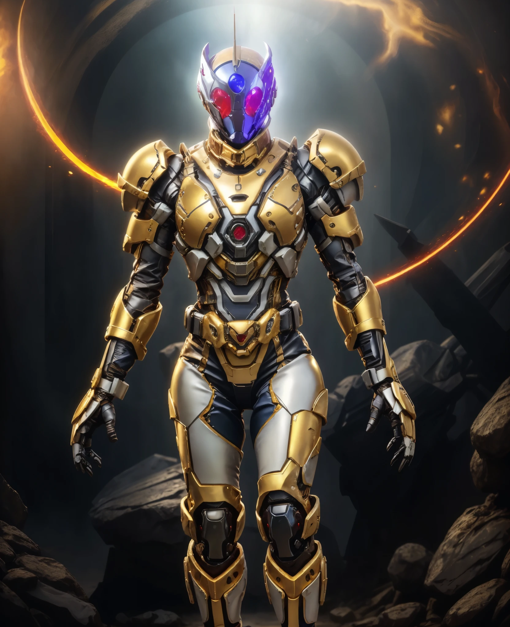 A woman adorned in fantasy-style full-body armor, a crown-concept fully enclosed helmet that unveils only her eyes, a composite layered chest plate, fully encompassing shoulder and hand guards, a lightweight waist armor, form-fitting shin guards, the overall design is heavy-duty yet flexible, (the armor gleams with a golden glow, complemented by red and blue accents), exhibiting a noble aura, she floats above a fantasy-surreal high-tech city, this character embodies a finely crafted fantasy-surreal style armored hero in anime style, exquisite and mature manga art style, (Queen Bee Concept Armor, blood), ((plasma, bio mecha, long legs, elegant, goddess, femminine:1.5)), metallic, high definition, best quality, highres, ultra-detailed, ultra-fine painting, extremely delicate, professional, anatomically correct, symmetrical face, extremely detailed eyes and face, high quality eyes, creativity, RAW photo, UHD, 32k, Natural light, cinematic lighting, masterpiece-anatomy-perfect, masterpiece:1.5