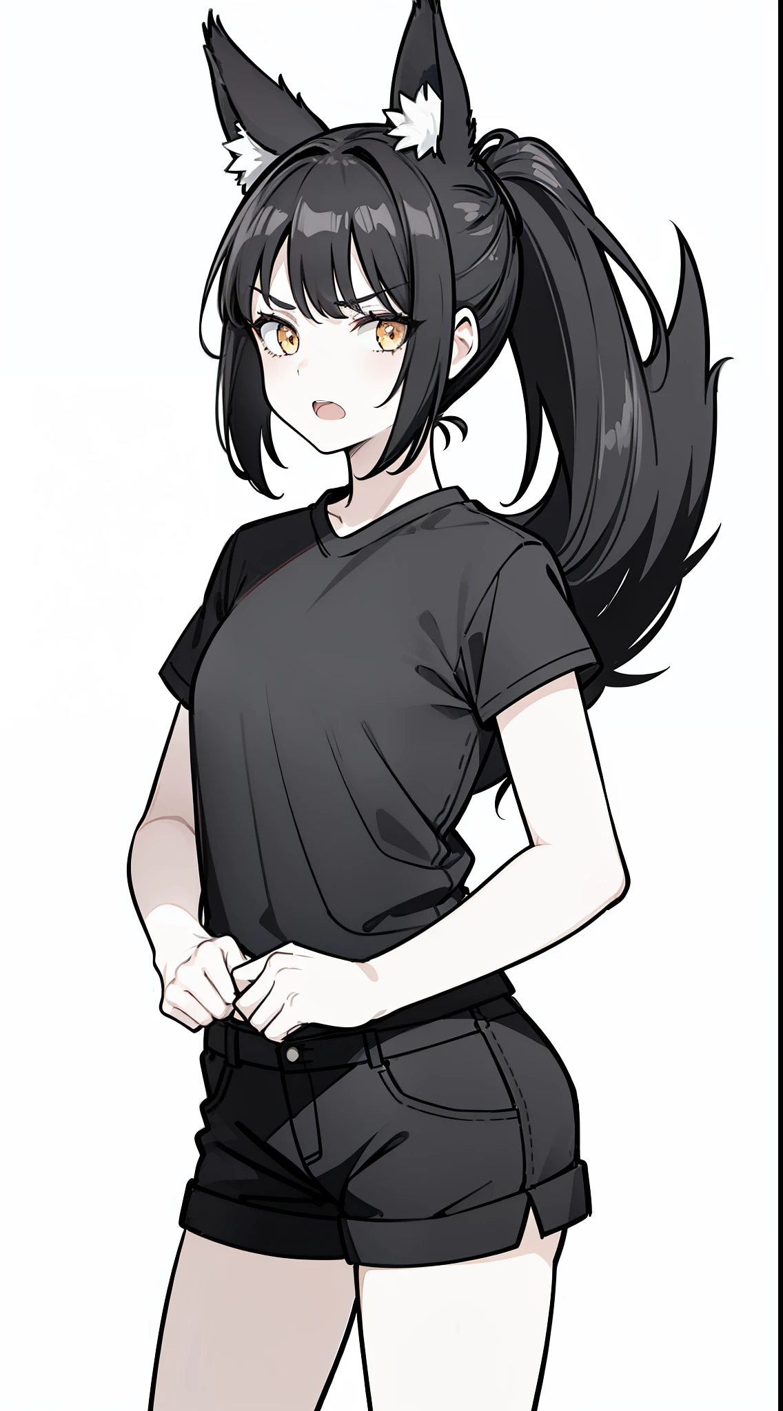 (1girl,),solo,angry,black hair,ponytail hair,short hair,fox ears,black shirt,sleeveless,black shorts,cowboy shot,(white background,line drawing),standing,open mouth