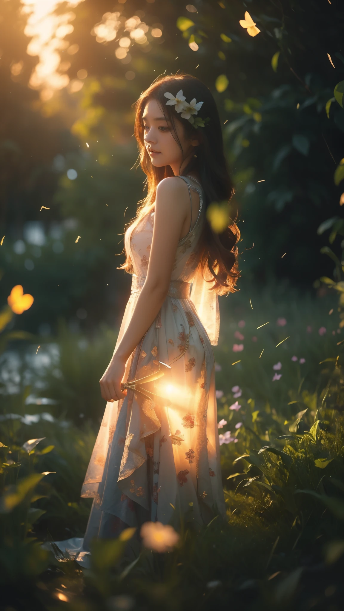 
Subject: Portrait of a young Japanese girl with long, flowing hair, standing in a field of glowing flowers.

Lighting:

Time of day: Early morning, just before sunrise.

Light source: Soft, natural light from the side, with rays filtering through the trees and casting long shadows.

Glowing elements:

Butterfly wings and bodies

Fireflies scattered throughout the field

A few falling leaves with a soft, glowing light

Kimi no Nawa-inspired meteor streaks across the sky

Girl's face has a subtle, natural oil sheen reflecting the light

Background:

Landscape: Lush, green field filled with vibrant, glowing flowers.

Depth of field: 90% blur, emphasizing the girl as the main focus.

Bokeh effect: Creates a dreamy, ethereal atmosphere.

Additional details:

Girl's attire: Long, flowing dress in a color that complements the landscape and glowing elements.

Hair: Realistic, flowing, and detailed, with a touch of fantastical flair.

Expression: Peaceful and serene, with a hint of wonder.

Overall style: Anime-inspired, but realistic in terms of lighting, skin texture, and hair.

Image resolution: 8K for high quality and detail.

Additional notes:

I've removed the macro shot and deep focus elements as they might conflict with the intended 8K resolution and landscape focus.

I've consolidated the "lots" of elements to maintain clarity and avoid information overload.

I've replaced "realistic concept, object, girl (girl walking a long masterpiece) (long object)" with a more concise and descriptive phrase.

