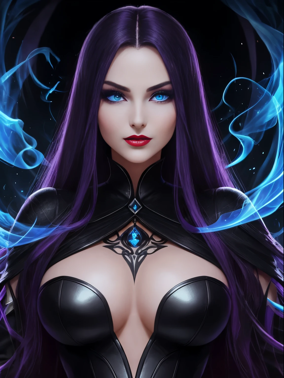 1girl, close up, beautifully evil model, sophisticated sorceress, powerful enchantress, super villainess, hourglass figure, black dress, symmetrical, highly detailed face, long flowing purple hair, mesmerizing blue eyes, lush red lips, coy smile, enticing, alluring, facing viewer, looking at viewer, blue smoke swirls around her, real, high detail, best quality