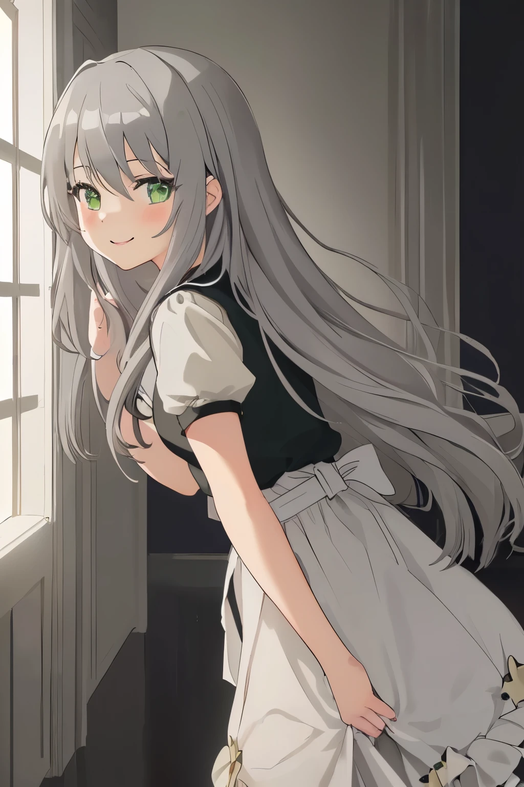 Chica anime, ((Masterpiece), top-quality, Top image quality, ((((solo)))), ((((gray hair)))), long hair, Beautiful green eyes, Shining eyes, dye one's cheeks red, smile, teens girl, 18yo, cute, 8k