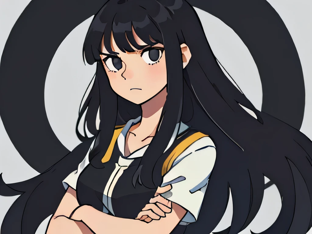 Illustration of a girl having long black hair with bangs, standing with her arms crossed, serious mood, looking at camera