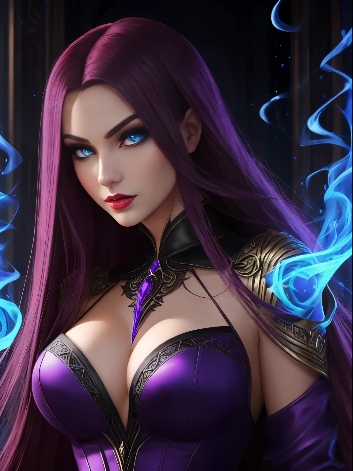 1girl, close up, beautifully evil model, sophisticated sorceress, powerful enchantress, super villainess, hourglass figure, red dress, symmetrical, highly detailed face, long flowing purple hair, mesmerizing blue eyes, lush red lips, coy smile, enticing, alluring, facing viewer, looking at viewer, blue smoke swirls around her, real, high detail, best quality