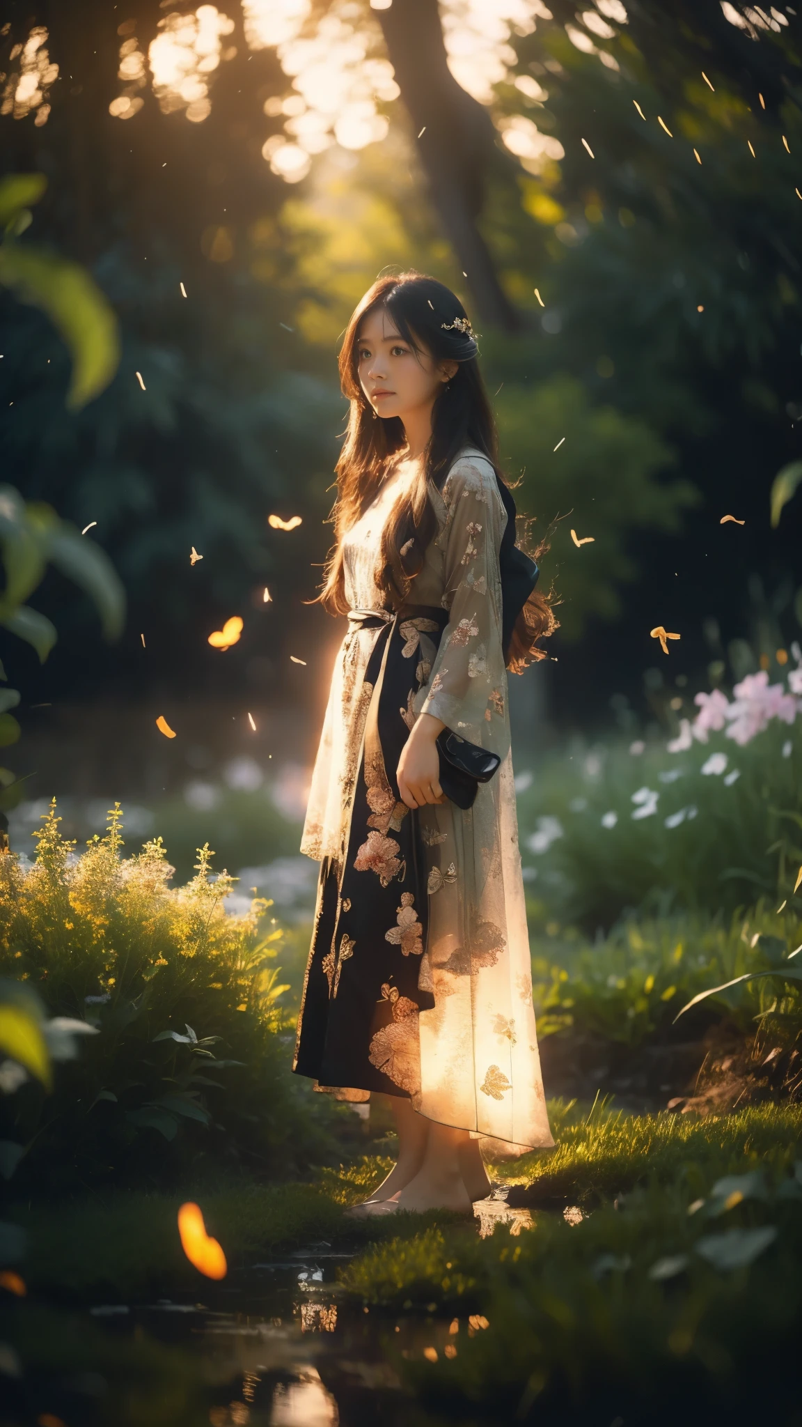 Subject: Portrait of a young Japanese girl with long, flowing hair, standing in a field of glowing flowers.
Lighting:
Time of day: Early morning, just before sunrise.
Light source: Soft, natural light from the side, with rays filtering through the trees and casting long shadows.
Glowing elements:
Butterfly wings and bodies
Fireflies scattered throughout the field
A few falling leaves with a soft, glowing light
Kimi no Nawa-inspired meteor streaks across the sky
Girl's face has a subtle, natural oil sheen reflecting the light
Background:
Landscape: Lush, green field filled with vibrant, glowing flowers.
Depth of field: 90% blur, emphasizing the girl as the main focus.
Bokeh effect: Creates a dreamy, ethereal atmosphere.
Additional details:
Girl's attire: Long, flowing dress in a color that complements the landscape and glowing elements.
Hair: Realistic, flowing, and detailed, with a touch of fantastical flair.
Expression: Peaceful and serene, with a hint of wonder.
Overall style: Anime-inspired, but realistic in terms of lighting, skin texture, and hair.
Image resolution: 8K for high quality and detail.
Additional notes:
I've removed the macro shot and deep focus elements as they might conflict with the intended 8K resolution and landscape focus.
I've consolidated the "lots" of elements to maintain clarity and avoid information overload.
I've replaced "realistic concept, object, girl (girl walking a long masterpiece) (long object)" with a more concise and descriptive phrase.
