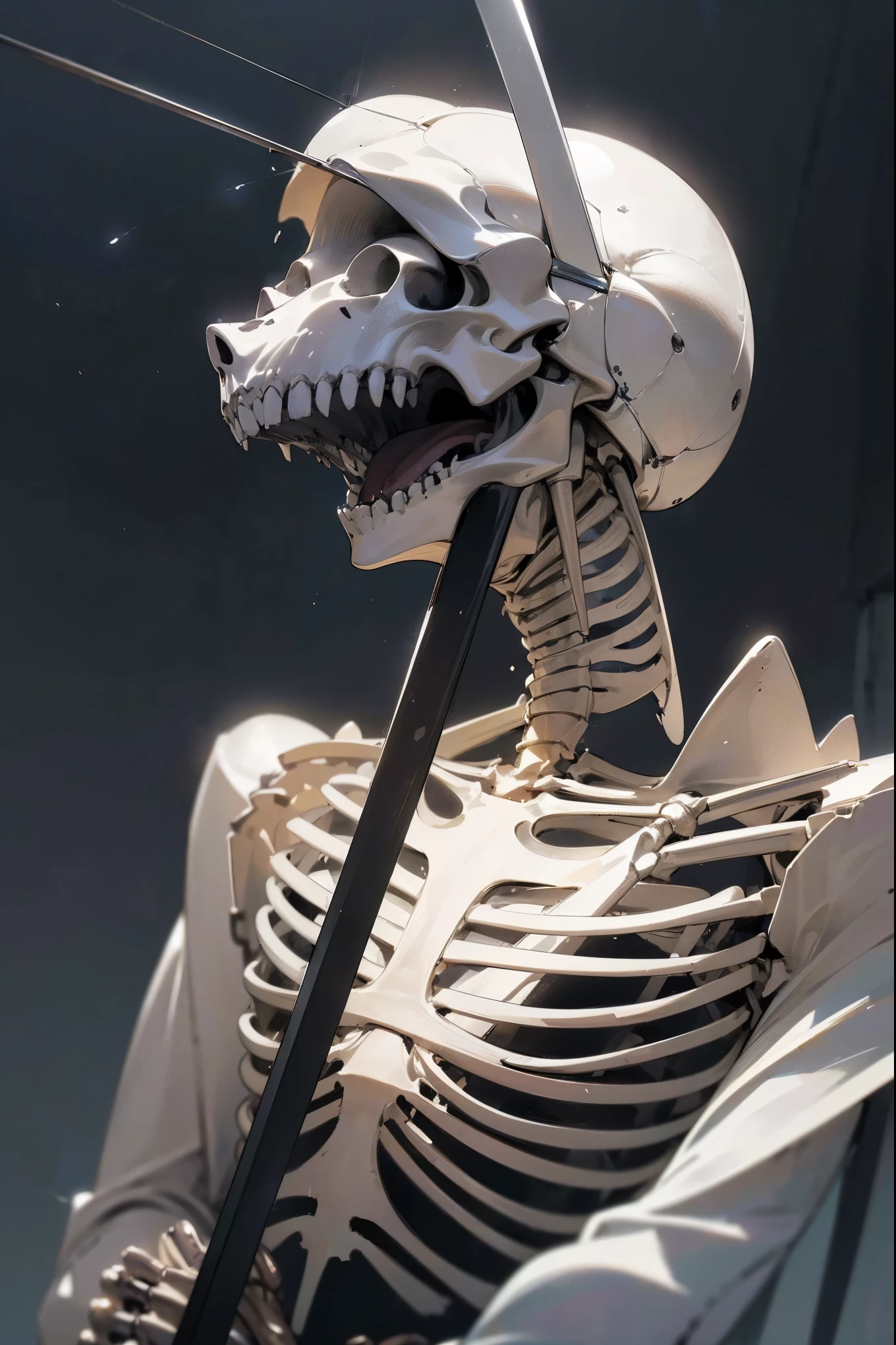 (best quality,highres,masterpiece:1.2),ultra-detailed,(realistic,photorealistic,photo-realistic:1.37),skeleton impaling itself with a sword in the neck, ethereal lights