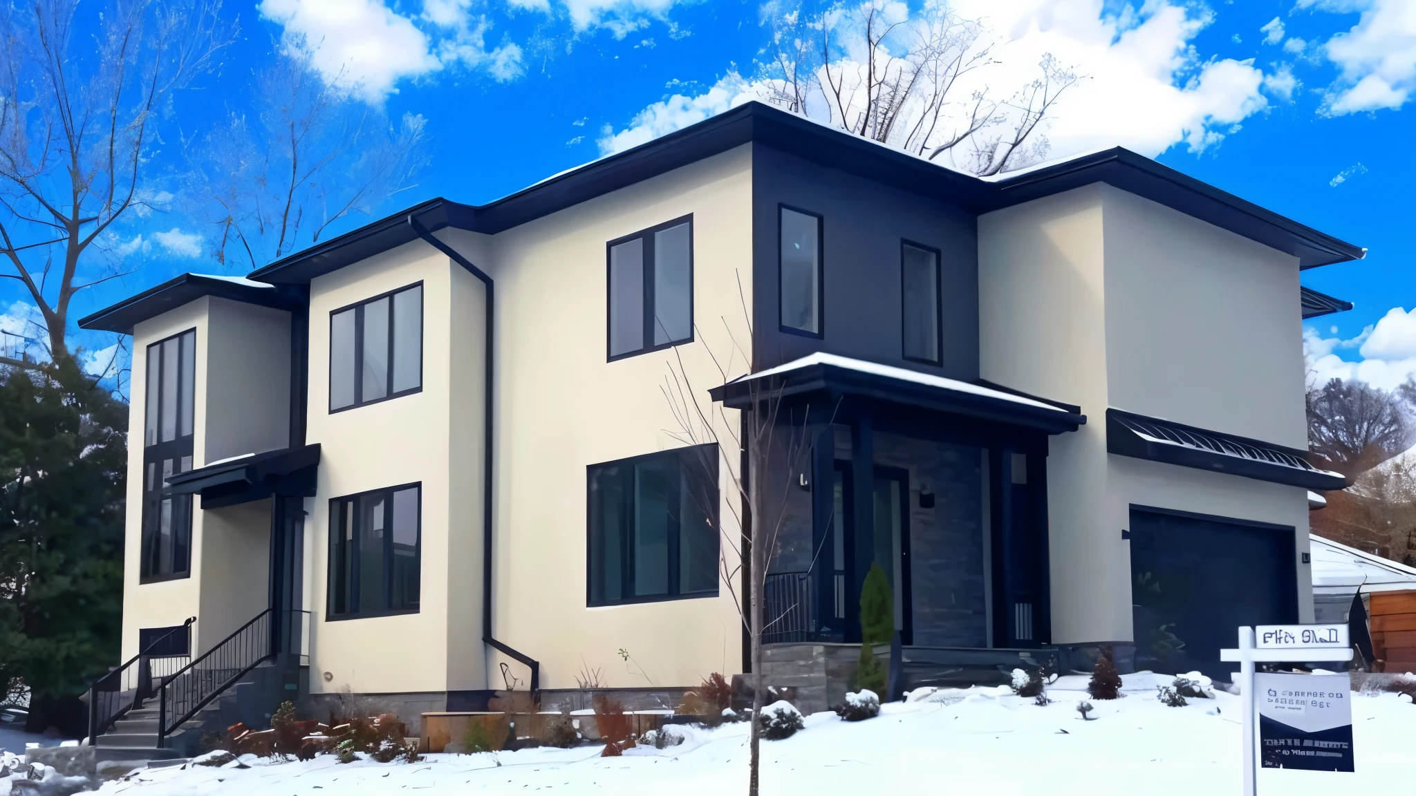 arafed house with a lot of snow on the ground, neotraditional modern, award winning contemporary, modern style, passive house, wide angle exterior 2022, 4 0 9 6, crisp smooth clean lines, contemporary house, modern setting, hip modern vibe, 2045, exterior photography, black windows, fresh modern look, contemporary masterpiece, same design, realistic image, 16k resolution