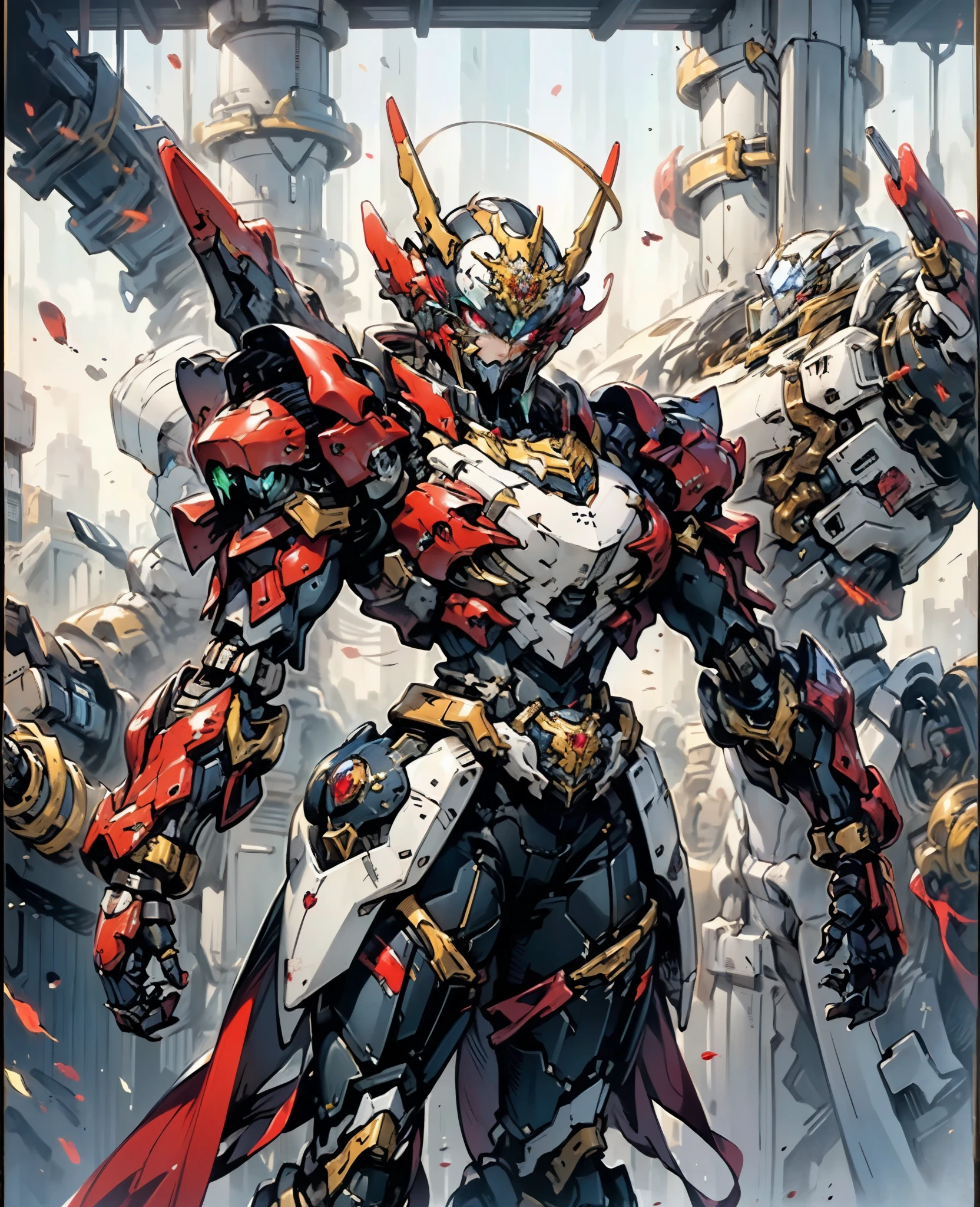 A woman adorned in fantasy-style full-body armor, a crown-concept fully enclosed helmet that unveils only her eyes, a composite layered chest plate, fully encompassing shoulder and hand guards, a lightweight waist armor, form-fitting shin guards, the overall design is heavy-duty yet flexible, (the armor gleams with a golden glow, complemented by red and blue accents), exhibiting a noble aura, she floats above a fantasy-surreal high-tech city, this character embodies a finely crafted fantasy-surreal style armored hero in anime style, exquisite and mature manga art style, (Queen Bee Concept Armor, blood), ((plasma, bio mecha, long legs, elegant, goddess, femminine:1.5)), metallic, high definition, best quality, highres, ultra-detailed, ultra-fine painting, extremely delicate, professional, anatomically correct, symmetrical face, extremely detailed eyes and face, high quality eyes, creativity, RAW photo, UHD, 32k, Natural light, cinematic lighting, masterpiece-anatomy-perfect, masterpiece:1.5