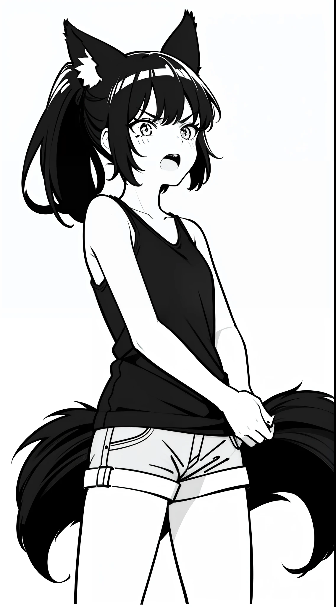 (1girl,15 years old),solo,angry,black hair,ponytail hair,short hair,fox ears,black shirt,sleeveless,black shorts,cowboy shot,(white background,line drawing),standing,open mouth