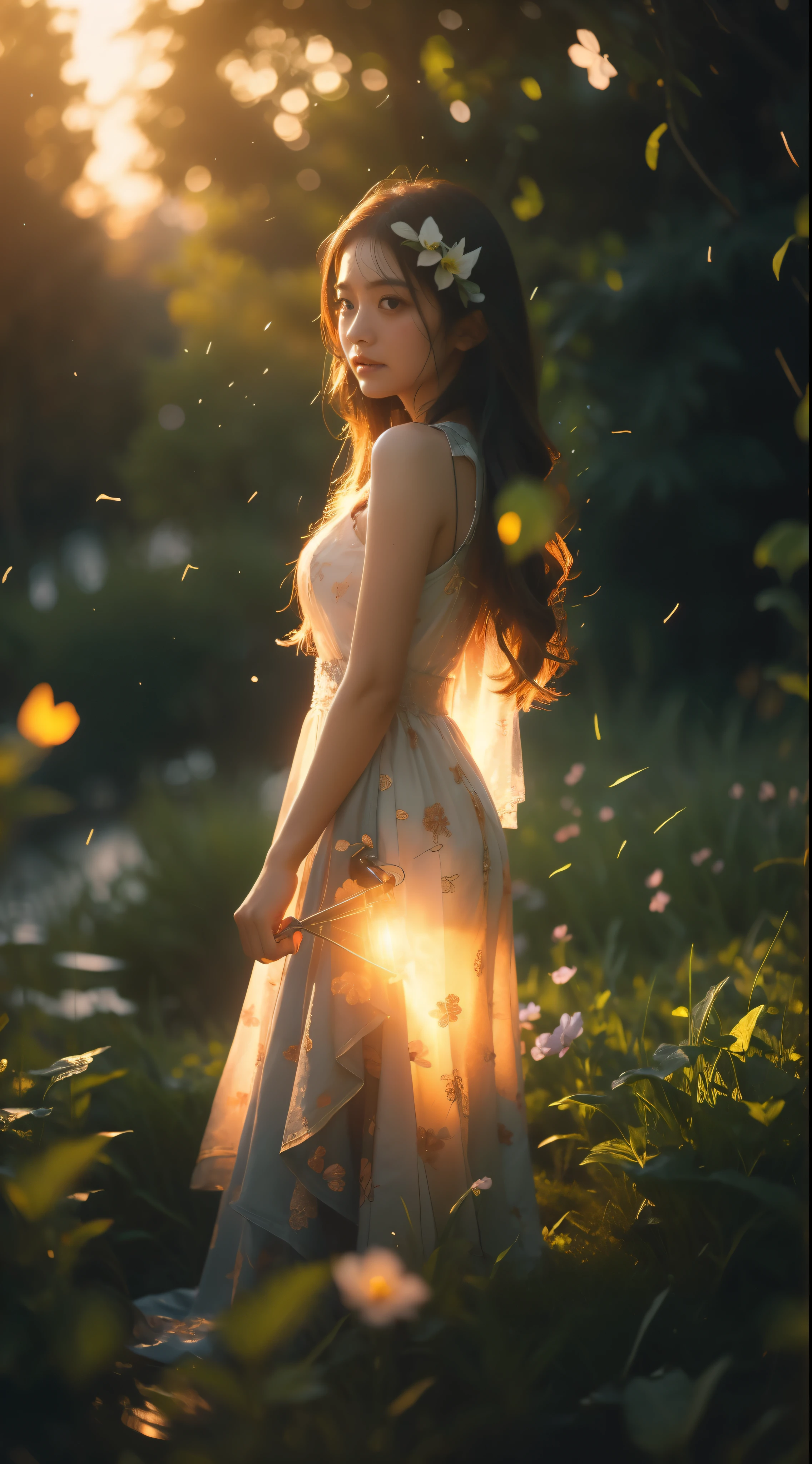 Subject: Portrait of a young Japanese girl with long, flowing hair, standing in a field of glowing flowers.
Lighting:
Time of day: Early morning, just before sunrise.
Light source: Soft, natural light from the side, with rays filtering through the trees and casting long shadows.
Glowing elements:
Butterfly wings and bodies
Fireflies scattered throughout the field
A few falling leaves with a soft, glowing light
Kimi no Nawa-inspired meteor streaks across the sky
Girl's face has a subtle, natural oil sheen reflecting the light
Background:
Landscape: Lush, green field filled with vibrant, glowing flowers.
Depth of field: 90% blur, emphasizing the girl as the main focus.
Bokeh effect: Creates a dreamy, ethereal atmosphere.
Additional details:
Girl's attire: Long, flowing dress in a color that complements the landscape and glowing elements.
Hair: Realistic, flowing, and detailed, with a touch of fantastical flair.
Expression: Peaceful and serene, with a hint of wonder.
Overall style: Anime-inspired, but realistic in terms of lighting, skin texture, and hair.
Image resolution: 8K for high quality and detail.
Additional notes:
I've removed the macro shot and deep focus elements as they might conflict with the intended 8K resolution and landscape focus.
I've consolidated the "lots" of elements to maintain clarity and avoid information overload.
I've replaced "realistic concept, object, girl (girl walking a long masterpiece) (long object)" with a more concise and descriptive phrase.