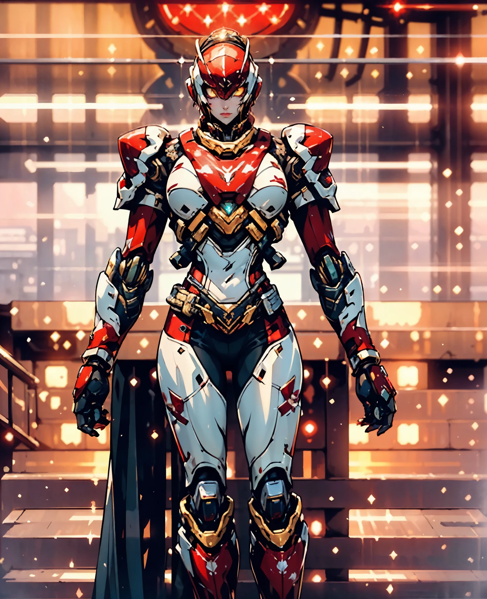 A woman adorned in fantasy-style full-body armor, a crown-concept fully enclosed helmet that unveils only her eyes, a composite layered chest plate, fully encompassing shoulder and hand guards, a lightweight waist armor, form-fitting shin guards, the overall design is heavy-duty yet flexible, (the armor gleams with a golden glow, complemented by red and blue accents), exhibiting a noble aura, she floats above a fantasy-surreal high-tech city, this character embodies a finely crafted fantasy-surreal style armored hero in anime style, exquisite and mature manga art style, (Queen Bee Concept Armor, blood), ((plasma, bio mecha, long legs, elegant, goddess, femminine:1.5)), metallic, high definition, best quality, highres, ultra-detailed, ultra-fine painting, extremely delicate, professional, anatomically correct, symmetrical face, extremely detailed eyes and face, high quality eyes, creativity, RAW photo, UHD, 32k, Natural light, cinematic lighting, masterpiece-anatomy-perfect, masterpiece:1.5