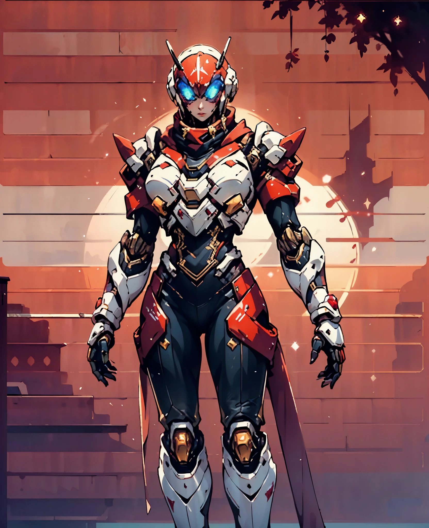 A woman adorned in fantasy-style full-body armor, a crown-concept fully enclosed helmet that unveils only her eyes, a composite layered chest plate, fully encompassing shoulder and hand guards, a lightweight waist armor, form-fitting shin guards, the overall design is heavy-duty yet flexible, (the armor gleams with a golden glow, complemented by red and blue accents), exhibiting a noble aura, she floats above a fantasy-surreal high-tech city, this character embodies a finely crafted fantasy-surreal style armored hero in anime style, exquisite and mature manga art style, (Queen Bee Concept Armor, blood), ((plasma, bio mecha, long legs, elegant, goddess, femminine:1.5)), metallic, high definition, best quality, highres, ultra-detailed, ultra-fine painting, extremely delicate, professional, anatomically correct, symmetrical face, extremely detailed eyes and face, high quality eyes, creativity, RAW photo, UHD, 32k, Natural light, cinematic lighting, masterpiece-anatomy-perfect, masterpiece:1.5