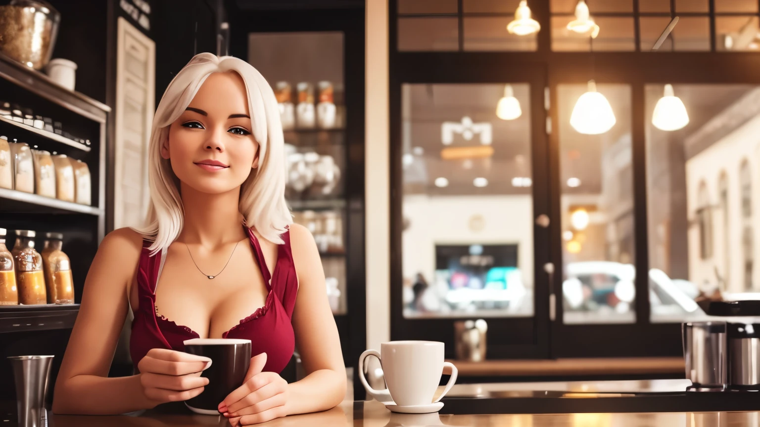 Woman, Sexy, White hair, In cofee shop, Coffeing, Lofi, Comfy, High details, High resolution, 4K