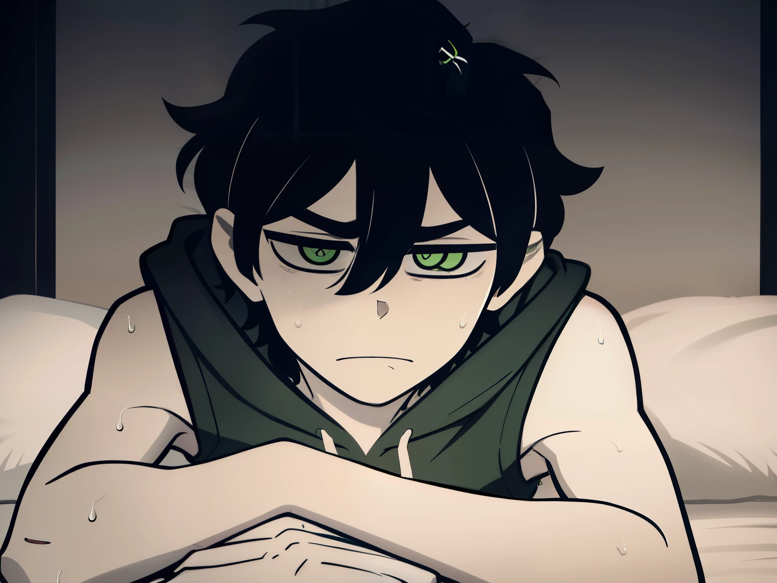 highres, monochrome,tcoaal, solo, looking at viewer, short hair, shirt, 1boy, Andy graves, hair between eyes, closed mouth,black hair, green eyes, Lying on the bed, Sleeveless hoodie, male focus, Sweat, Simple background, messy hair, bright pupils, outline, white pupils, white outline,