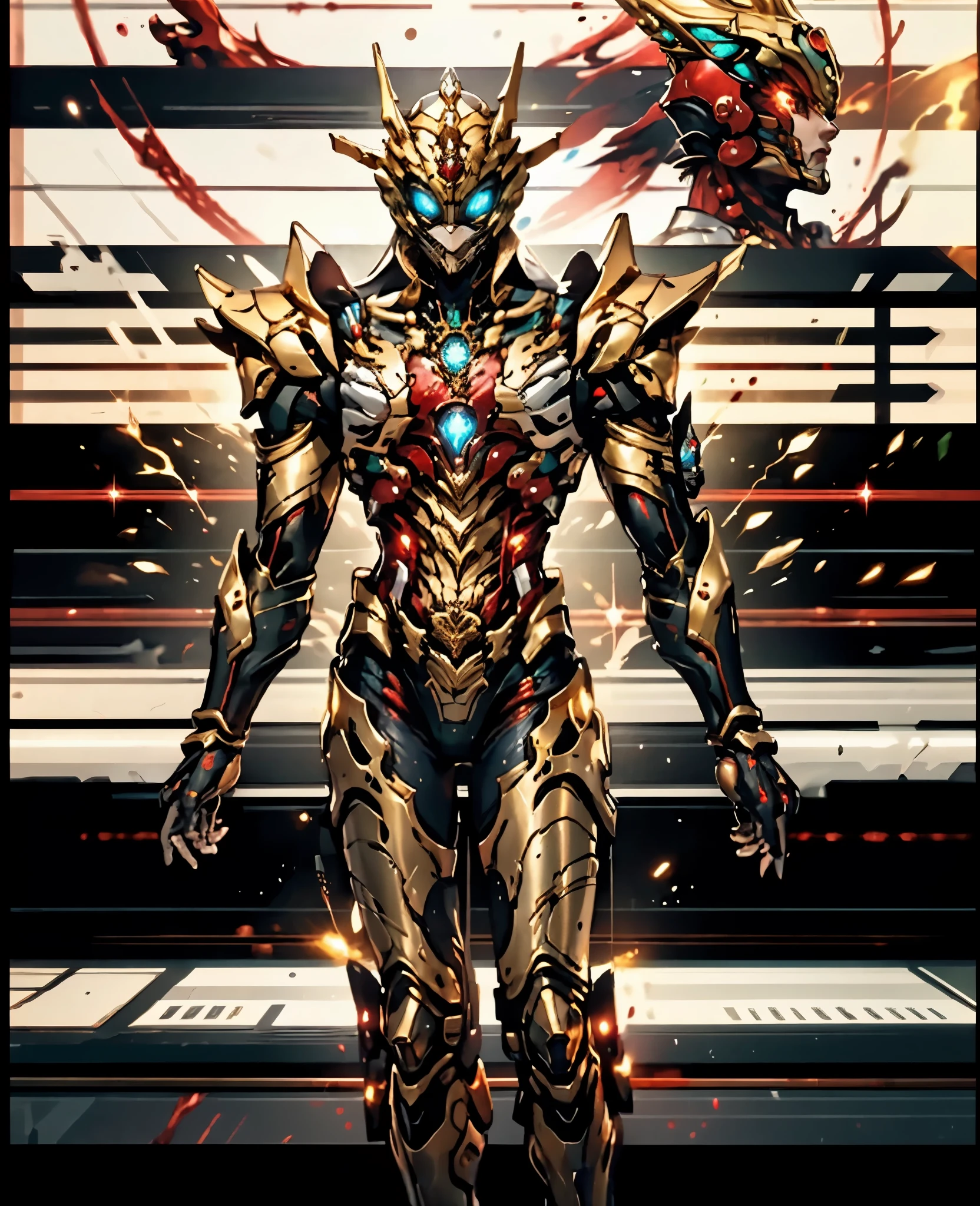 A woman adorned in fantasy-style full-body armor, a crown-concept fully enclosed helmet that unveils only her eyes, a composite layered chest plate, fully encompassing shoulder and hand guards, a lightweight waist armor, form-fitting shin guards, the overall design is heavy-duty yet flexible, (the armor gleams with a golden glow, complemented by red and blue accents), exhibiting a noble aura, she floats above a fantasy-surreal high-tech city, this character embodies a finely crafted fantasy-surreal style armored hero in anime style, exquisite and mature manga art style, (Queen Bee Concept Armor, blood), ((plasma, bio mecha, long legs, elegant, goddess, femminine:1.5)), metallic, high definition, best quality, highres, ultra-detailed, ultra-fine painting, extremely delicate, professional, anatomically correct, symmetrical face, extremely detailed eyes and face, high quality eyes, creativity, RAW photo, UHD, 32k, Natural light, cinematic lighting, masterpiece-anatomy-perfect, masterpiece:1.5