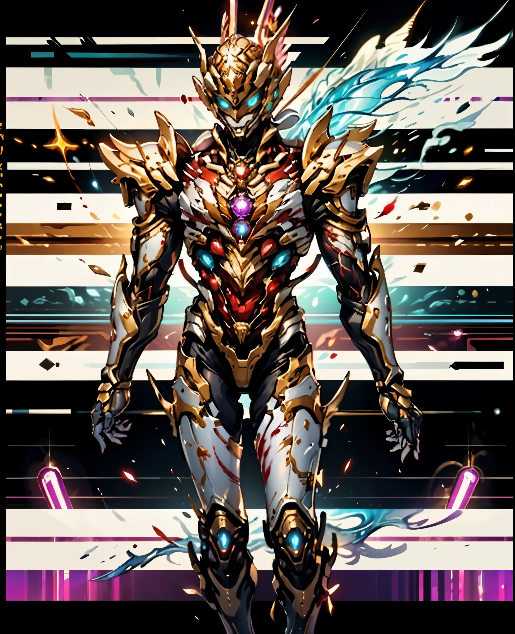 A woman adorned in fantasy-style full-body armor, a crown-concept fully enclosed helmet that unveils only her eyes, a composite layered chest plate, fully encompassing shoulder and hand guards, a lightweight waist armor, form-fitting shin guards, the overall design is heavy-duty yet flexible, (the armor gleams with a golden glow, complemented by red and blue accents), exhibiting a noble aura, she floats above a fantasy-surreal high-tech city, this character embodies a finely crafted fantasy-surreal style armored hero in anime style, exquisite and mature manga art style, (Queen Bee Concept Armor, blood), ((plasma, bio mecha, long legs, elegant, goddess, femminine:1.5)), metallic, high definition, best quality, highres, ultra-detailed, ultra-fine painting, extremely delicate, professional, anatomically correct, symmetrical face, extremely detailed eyes and face, high quality eyes, creativity, RAW photo, UHD, 32k, Natural light, cinematic lighting, masterpiece-anatomy-perfect, masterpiece:1.5