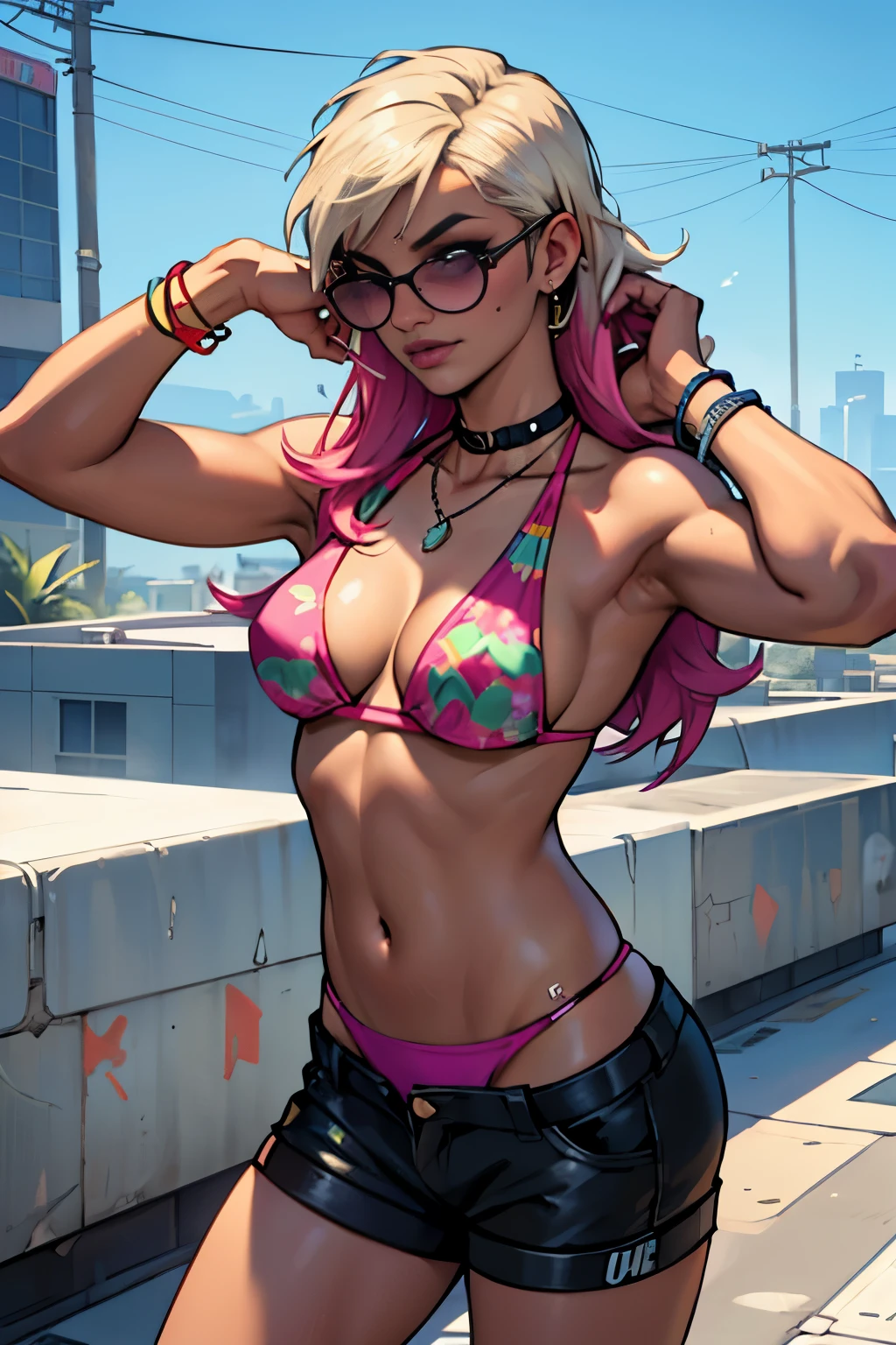 araffes in a bikini top and sunglasses standing on a rooftop, realistic bikini, bikini model, gta 6 style, mia khalifa, ariana grande in gta v, gta 6 gameplay, gta vi, gta 5 skin tone, gta 6, as the protagonist of gta 5, highly detailed giantess shot, gta character, gta 6 leak, as a character from gtav