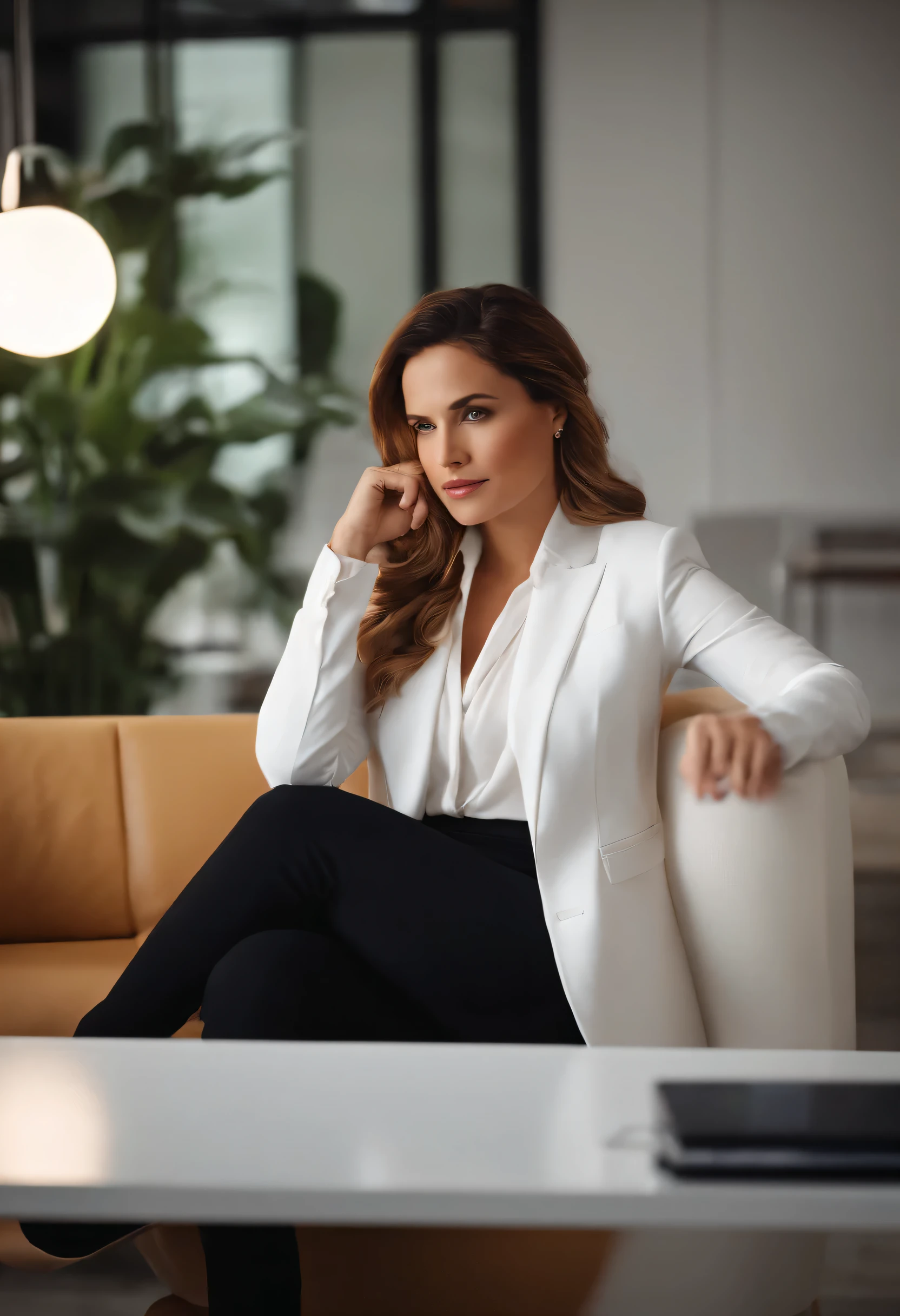 Uma linda mulher real de 35 anos, vestindo um blazer branco e uma linda blusa branca com babados, in a marketing office with modern furniture, um laptop e um telefone celular em uma mesa bonita com mesas ao fundo, Now you&#39;re thinking with your hand on your chin.