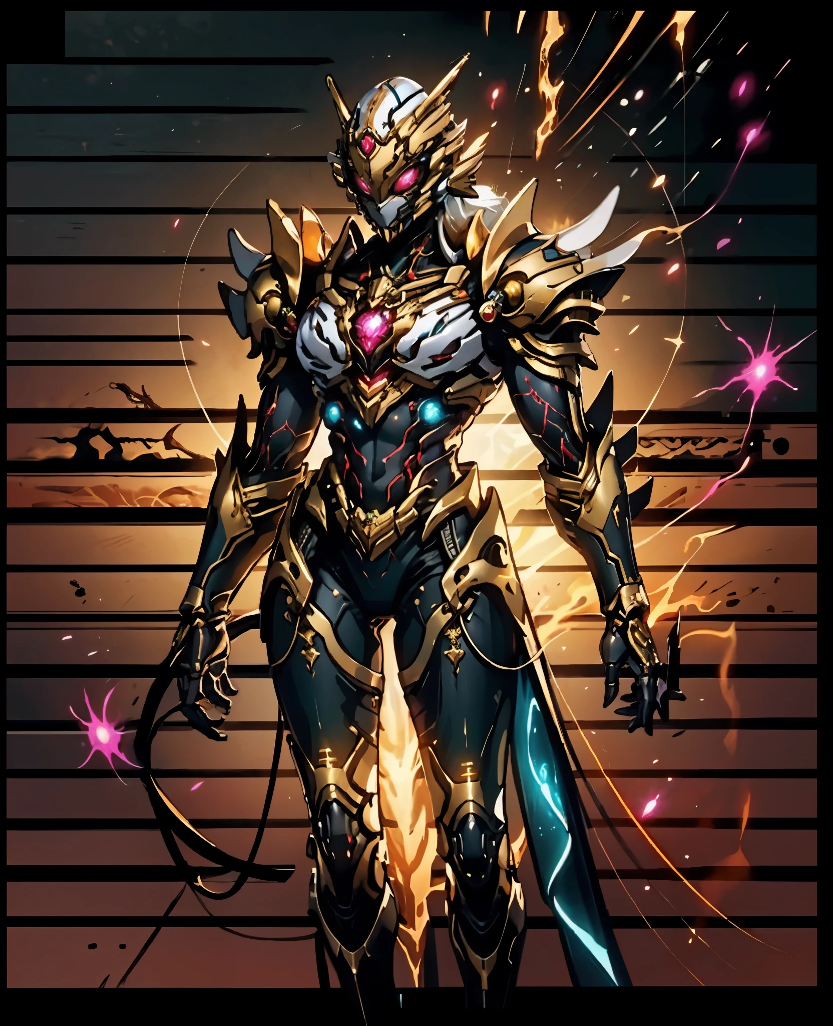A woman adorned in fantasy-style full-body armor, a crown-concept fully enclosed helmet that unveils only her eyes, a composite layered chest plate, fully encompassing shoulder and hand guards, a lightweight waist armor, form-fitting shin guards, the overall design is heavy-duty yet flexible, (the armor gleams with a golden glow, complemented by red and blue accents), exhibiting a noble aura, she floats above a fantasy-surreal high-tech city, this character embodies a finely crafted fantasy-surreal style armored hero in anime style, exquisite and mature manga art style, (Queen Bee Concept Armor, blood), ((plasma, bio mecha, long legs, elegant, goddess, femminine:1.5)), metallic, high definition, best quality, highres, ultra-detailed, ultra-fine painting, extremely delicate, professional, anatomically correct, symmetrical face, extremely detailed eyes and face, high quality eyes, creativity, RAW photo, UHD, 32k, Natural light, cinematic lighting, masterpiece-anatomy-perfect, masterpiece:1.5