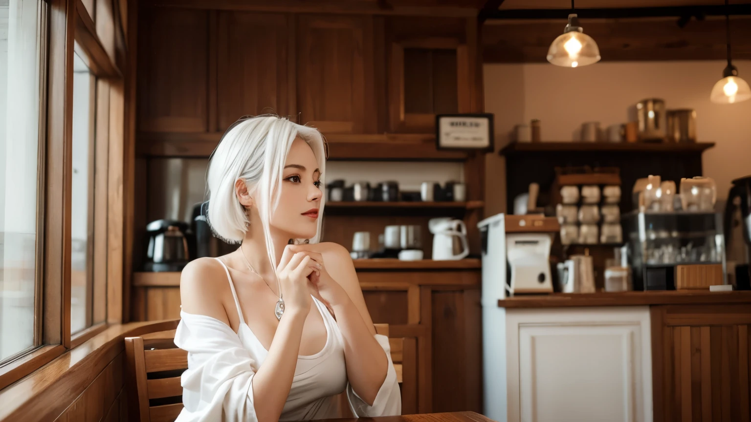Woman, Sexy, White hair, In cofee shop, Coffeing, Lofi, Comfy, High details, High resolution, 4K