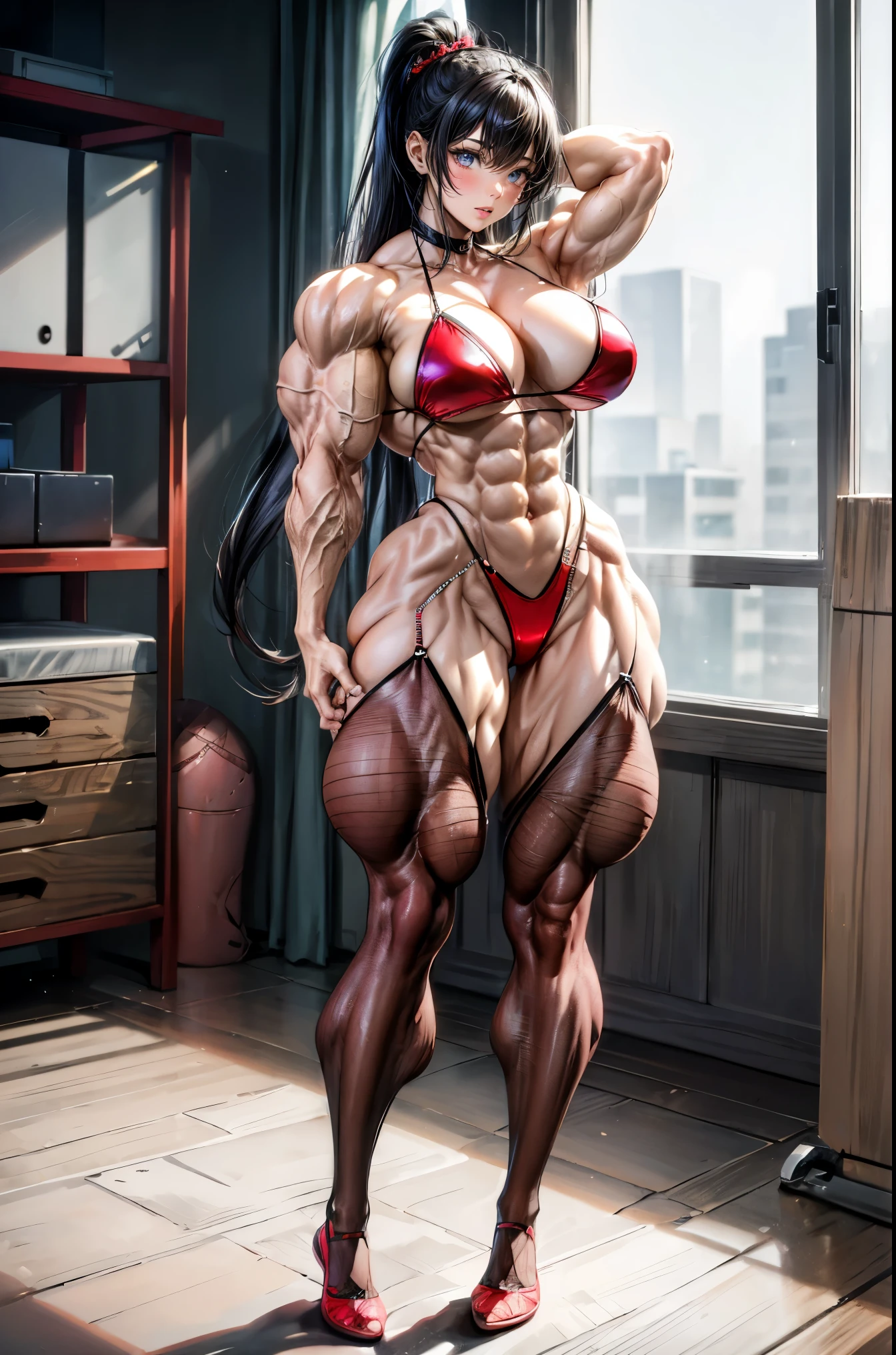 (best lighting) , (Extremely complex and detailed) , 4K unified, (Super detailed CG: 1.2) , (8k: 1.2),(The original), (masterpiece) , (best quality),(masterpiece:1.4),Anime-like high quality,(masterpiece),masterpiece, Super clear picture quality,clearer than,(delicate face)best quality, absurd,((Master of Peace, 4K, 8k, Yes, high resolution))1个girl, female student,She was in the garden,Smile,standing posture,Ten strong abdominal muscles,stand up,exposed abdomen, Crop topping,dense, There are raised veins on the arms,spring, height increasing travel shoes, Perfect body, long black hair, Red pupils,dynamic poses,legs exposed,black bikini,Strong leg muscles ((bodybuilder:1.5)),spring Garden,(beautiful bass),(girl),(miss),(((Upper body:1)))tights,Sexy,Muscle explosions,Draw muscles,超级Draw muscles