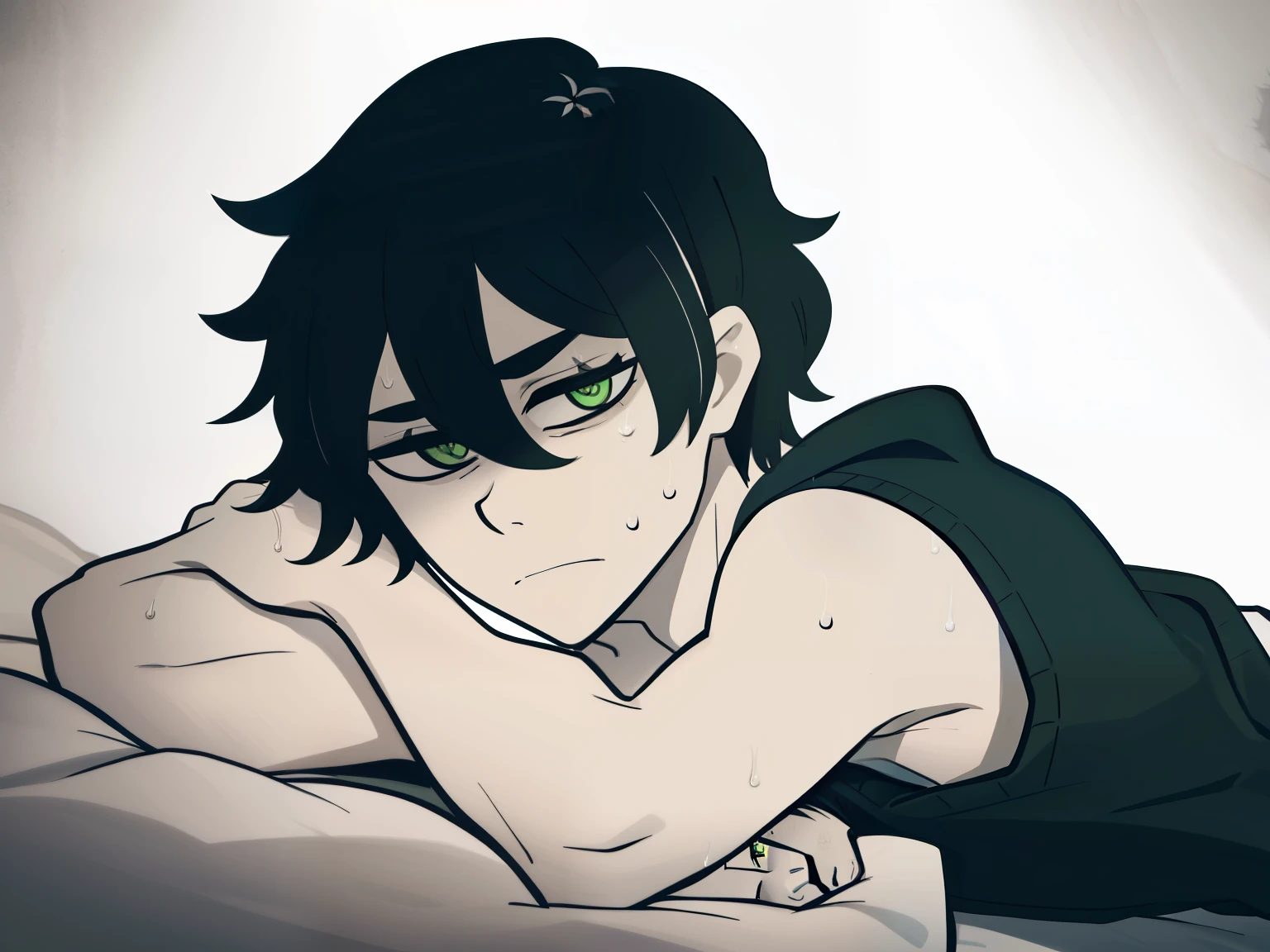 highres, monochrome,tcoaal, solo, looking at viewer, short hair, shirt, 1boy, Andy graves, hair between eyes, closed mouth,black hair, green eyes, Seen from side, Lying on the bed, Sleeveless hoodie, male focus, Sweat, Simple background, messy hair, bright pupils, outline, white pupils, white outline,