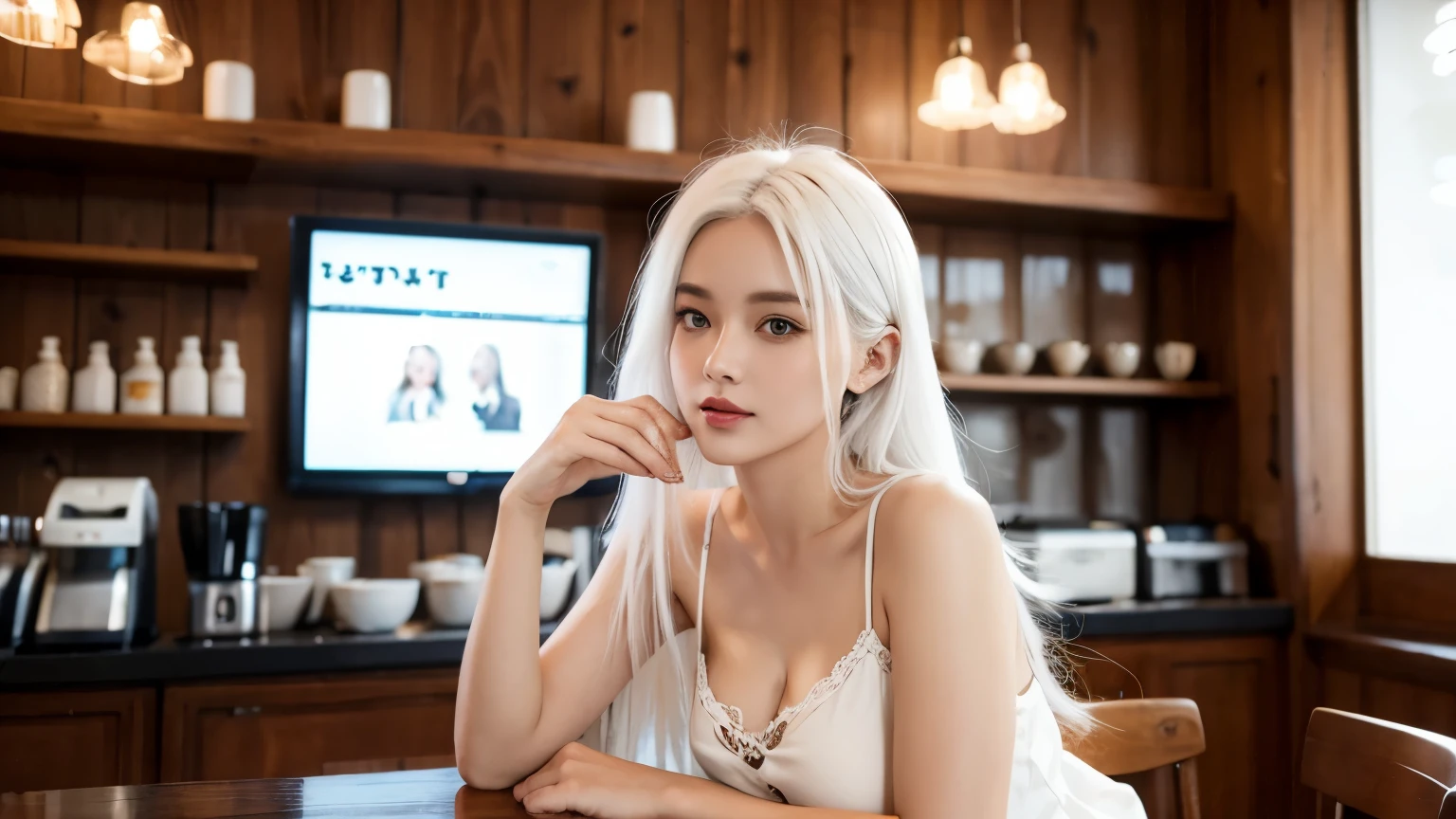 Woman, Sexy, White hair, In cofee shop, Coffeing, Lofi, Comfy, High details, High resolution, 4K