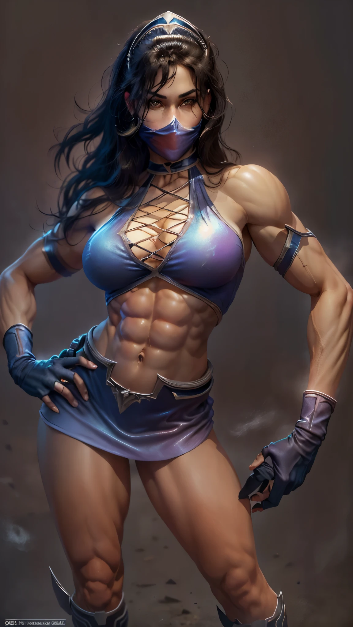 (best quality, masterpiece:1.2), ultra-detailed, (realistic, photo-realistic:1.37), beautiful detailed, ((perfect face)), (beautiful), (((high definition))), very tall girl, lean, statuesque, (supermodel), ((((biceps)))), (((triceps))), ((((six pack abs)))), Kitana from Mortal Kombat 9, Kitana, Princess Kitana, Empress Kitana, Mortal Kombat, Mortal Kombat 9, Edenia, mask, face mask, ((face covered by mask)), concealed, (((high heels))), high heeled boots, sexy high heels, ((long legs)), long sexy legs, assassin, ninja, (((full body))), very muscular, toned muscles, sleek muscles, flexing bicep, tanned skin, sexy pose, victory pose, double bicep pose, victorious, authority, beautiful muscles, sexy muscles, radiant smile, very dark background, black background, pitch black background, emerging from the shadows, bikini, long dark hair, (dark hair), narrow waist, narrow hips, seductress, cover girl, pin up girl, glamorous girl, princess, empress, photorealistic, 4k, 8k, highres, (((masterpiece))