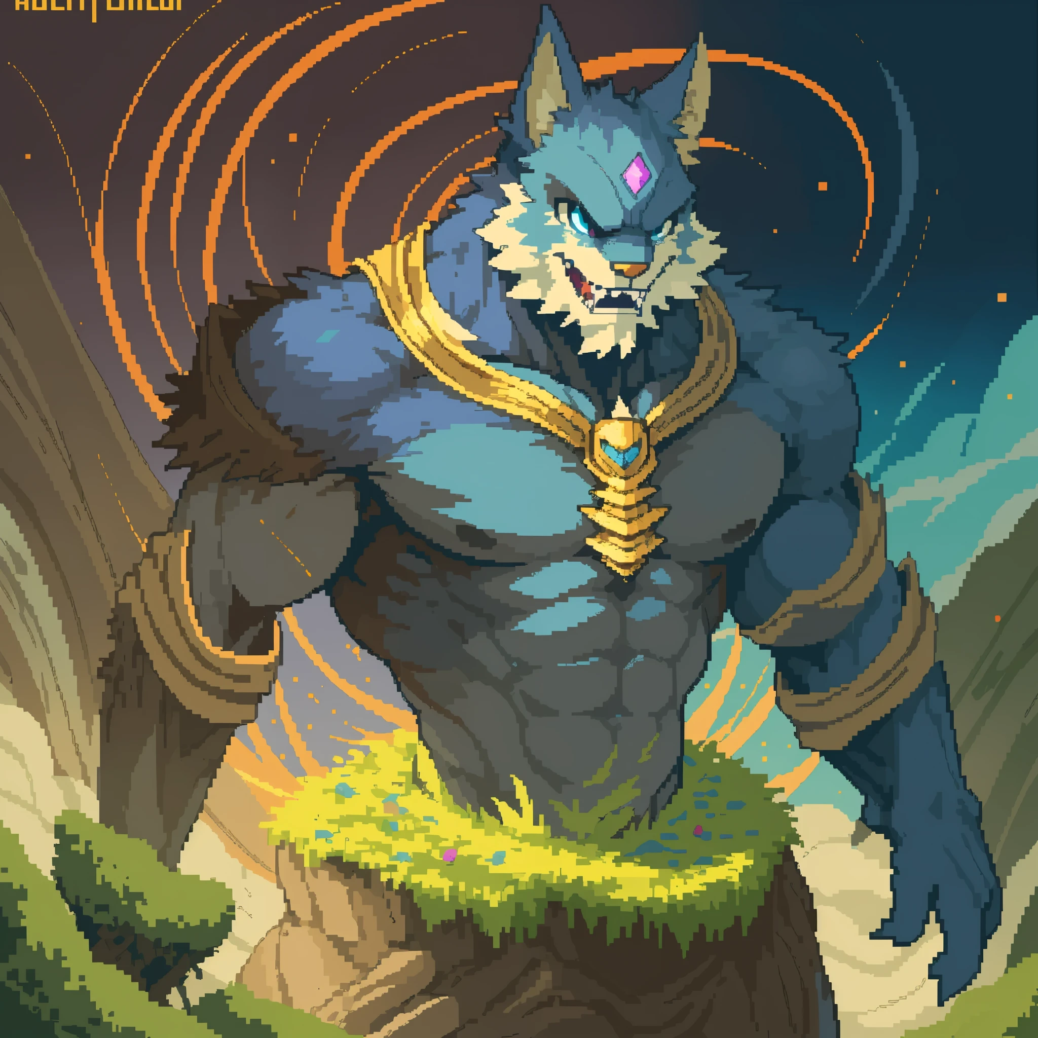 highres, absurdres(highly detailed beautiful face and eyes)perfect anatomy(kemono, furry anthro)(super handsome boy, solo, single)good lighting, cinematic shadow, detailed background, User Interface of Action game, dots game, pixel art, dungeon, Crisis, assorted poses, assorted expression, full body, sound effects, motion blur, from side,