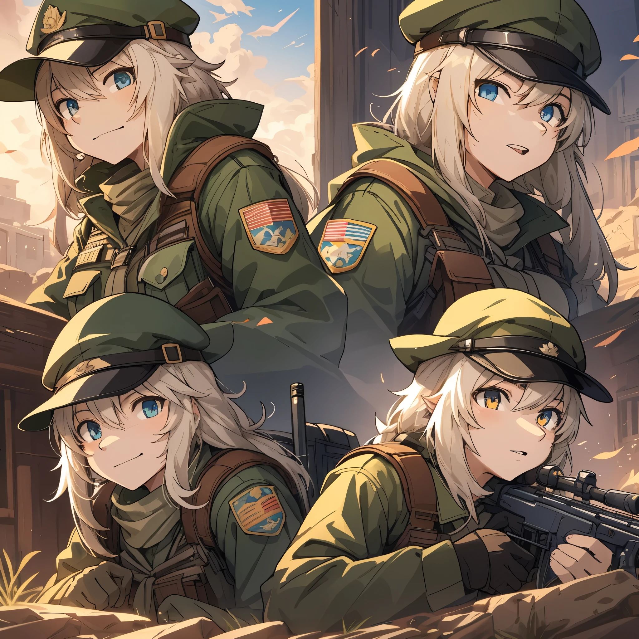 top quality, best quality, High-quality illustrations, masterpiece, super high resolution, detailed background, Military Headquarters, Maritime Self-Defense Force, rifle, sniper, battlefield, 6+boys, 6+girls, absurdres(highly detailed beautiful face and eyes)perfect anatomy, expression, good lighting, cinematic shadow(kemono, furry anthro)assorted poses, dynamic angle,