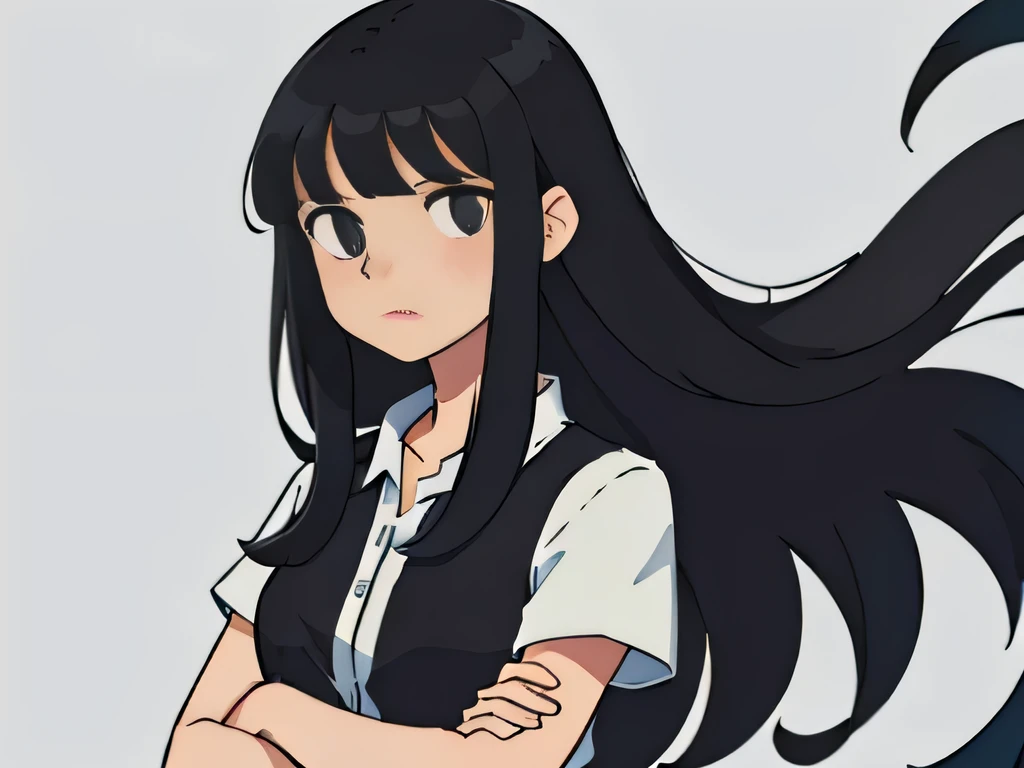 Illustration of a girl having long black hair with bangs, standing with her arms crossed, straight face portrait closeup