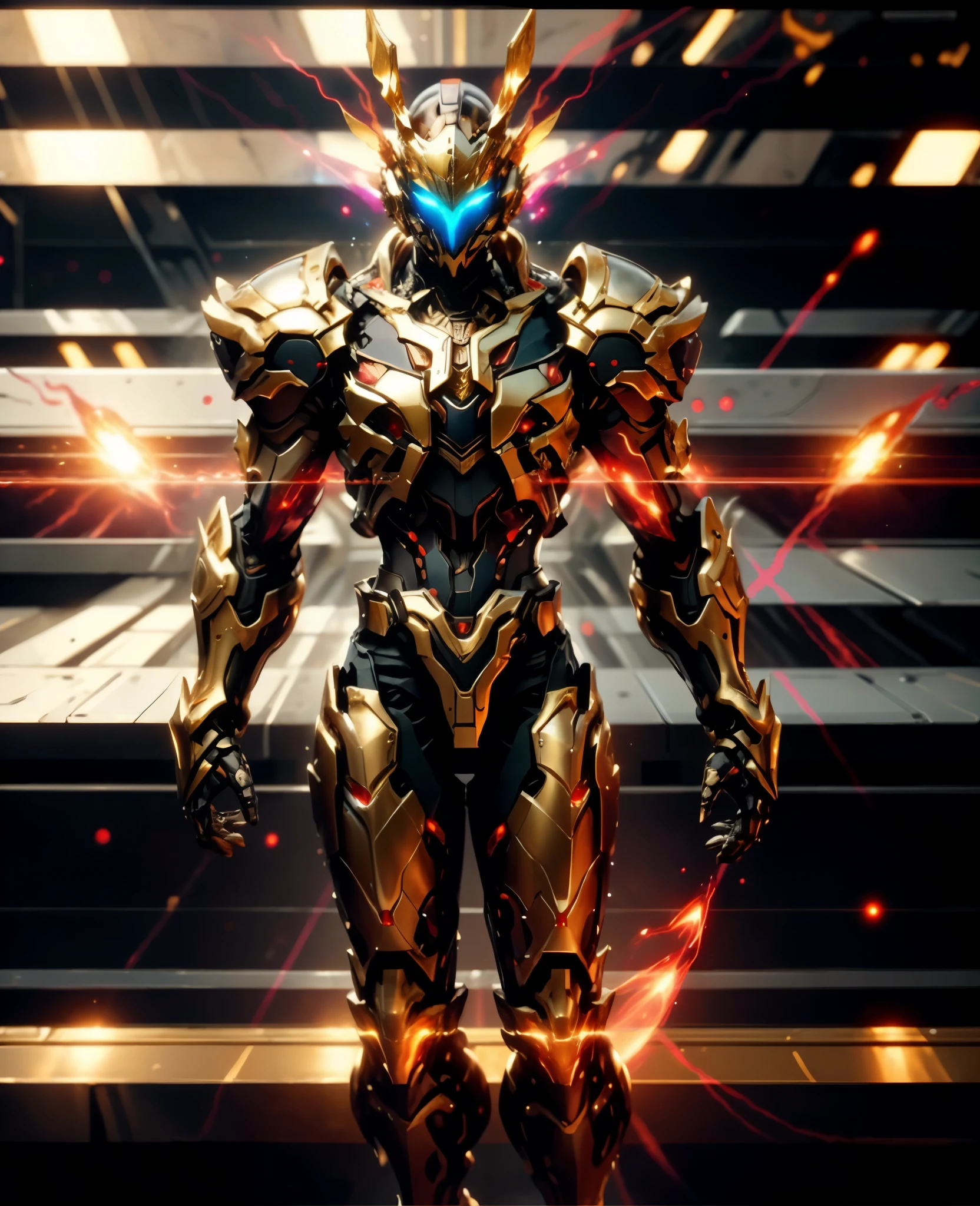 A woman adorned in fantasy-style full-body armor, a crown-concept fully enclosed helmet that unveils only her eyes, a composite layered chest plate, fully encompassing shoulder and hand guards, a lightweight waist armor, form-fitting shin guards, the overall design is heavy-duty yet flexible, (the armor gleams with a golden glow, complemented by red and blue accents), exhibiting a noble aura, she floats above a fantasy-surreal high-tech city, this character embodies a finely crafted fantasy-surreal style armored hero in anime style, exquisite and mature manga art style, (Queen Bee Concept Armor, blood), ((plasma, bio mecha, long legs, elegant, goddess, femminine:1.5)), metallic, high definition, best quality, highres, ultra-detailed, ultra-fine painting, extremely delicate, professional, anatomically correct, symmetrical face, extremely detailed eyes and face, high quality eyes, creativity, RAW photo, UHD, 32k, Natural light, cinematic lighting, masterpiece-anatomy-perfect, masterpiece:1.5